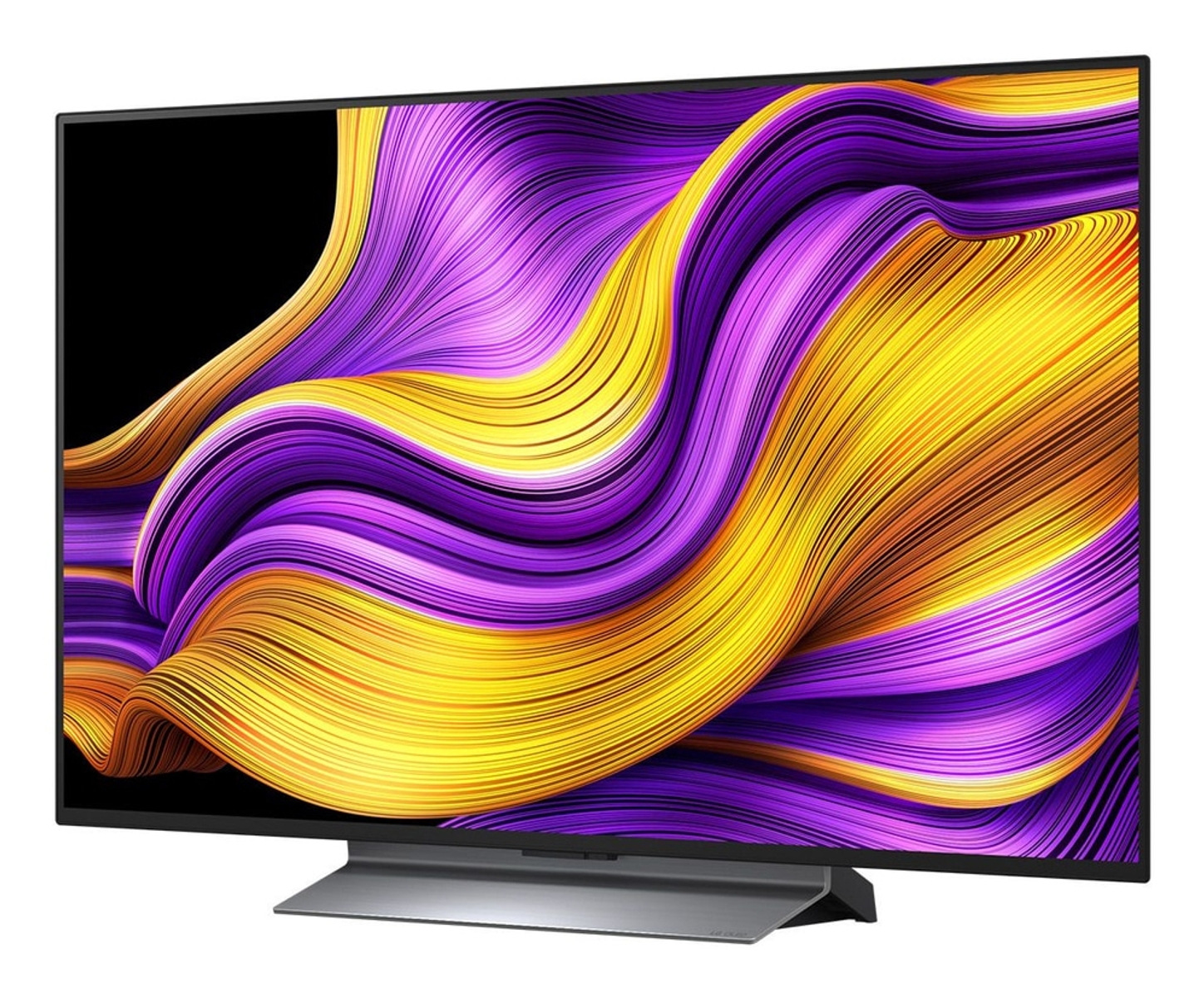 Una TV moderna con uno schermo che mostra un motivo astratto e fluente viola e giallo.
