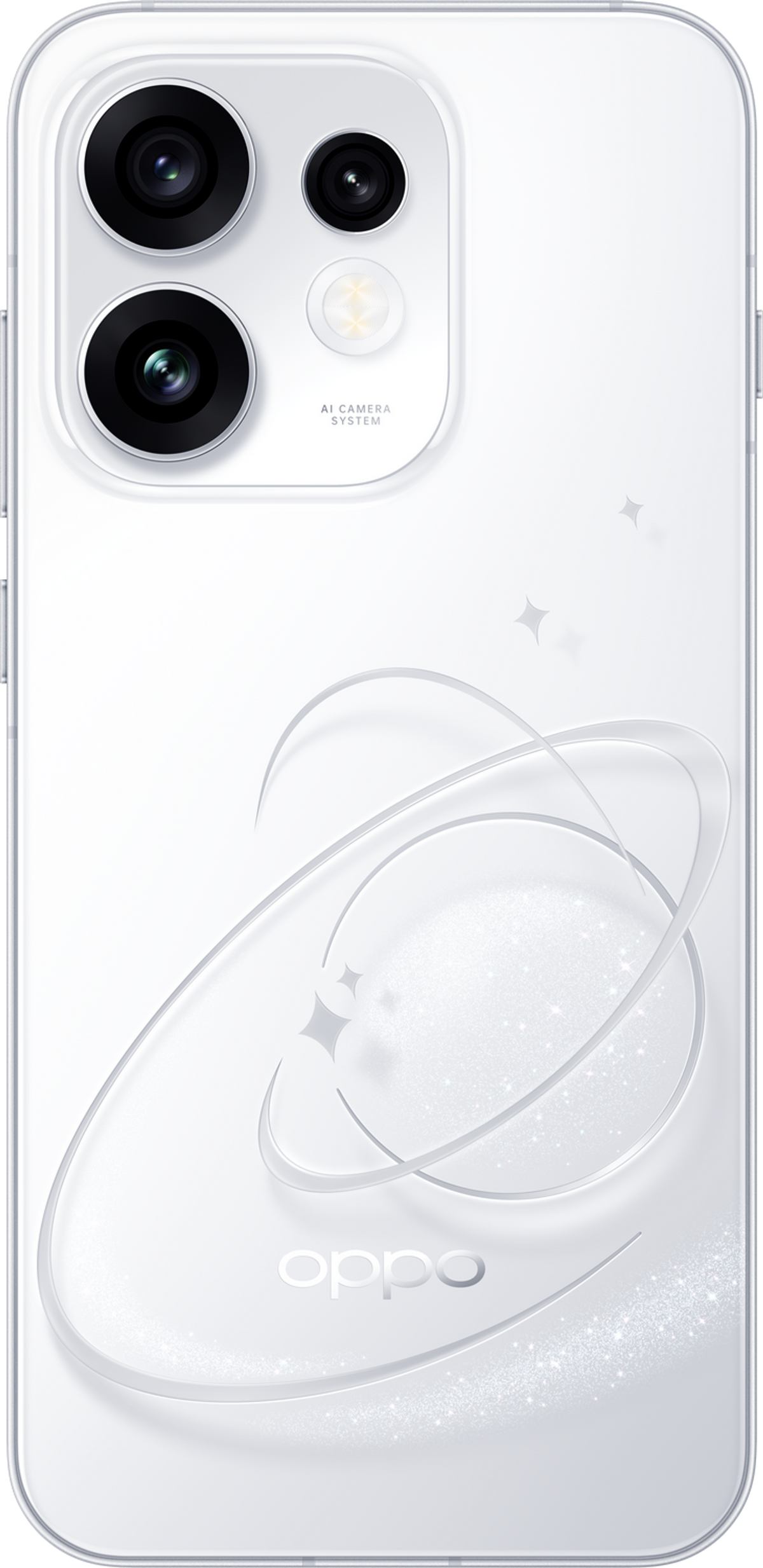 Uno smartphone bianco con sistema di fotocamera AI ed elementi di design circolari.