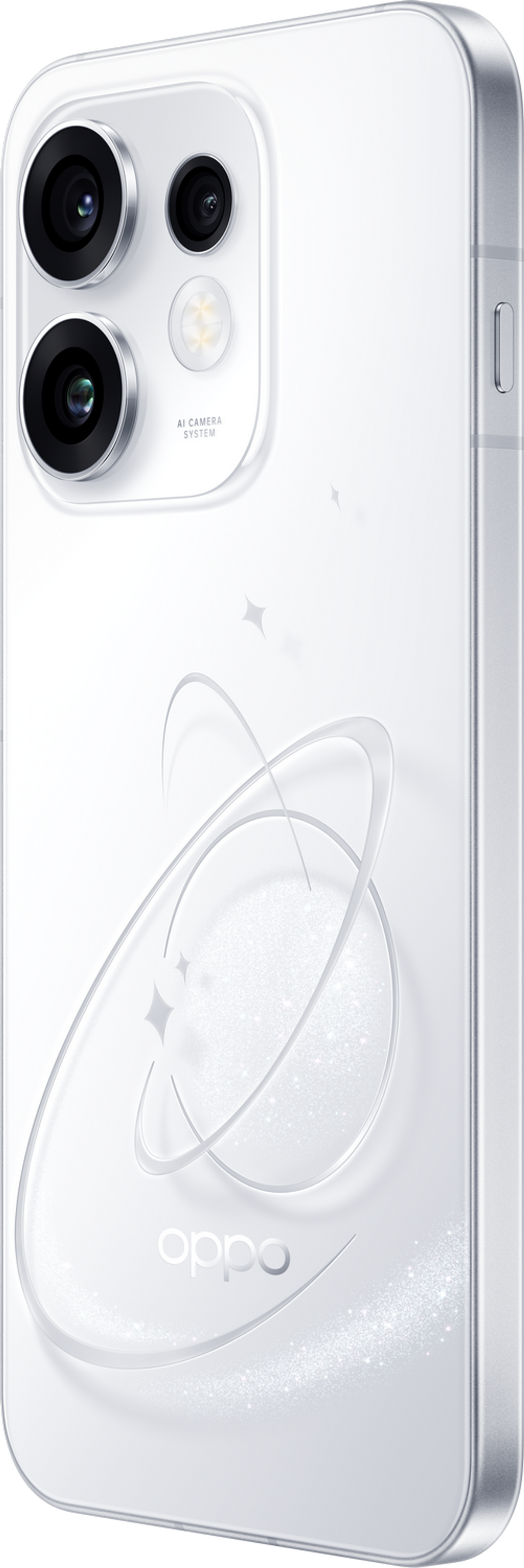 Uno smartphone bianco con sistema di fotocamera AI e accenti scintillanti.