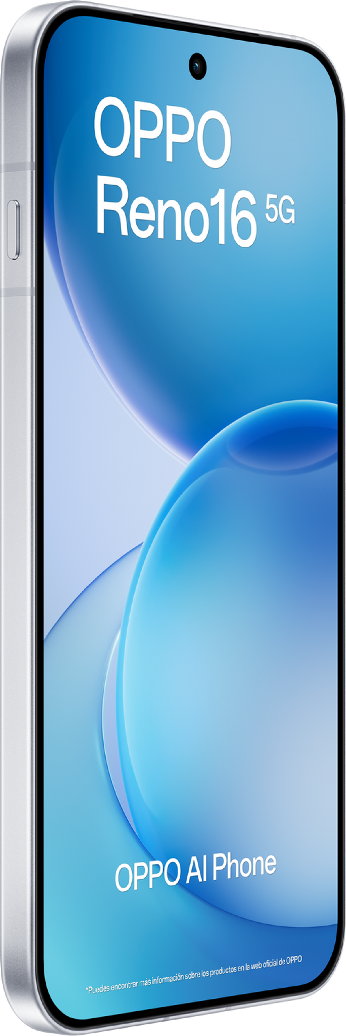 Un telefono OPPO Reno16 5G argentato con uno sfondo blu astratto.