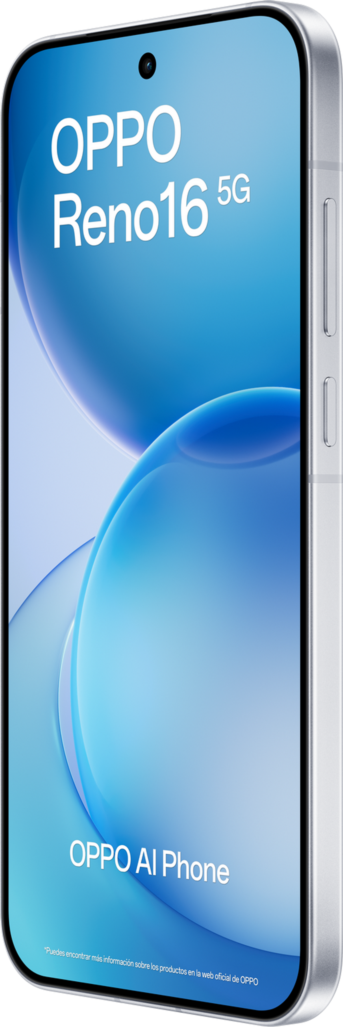 Telefono OPPO Reno16 5G argentato con sfondo blu e testo.