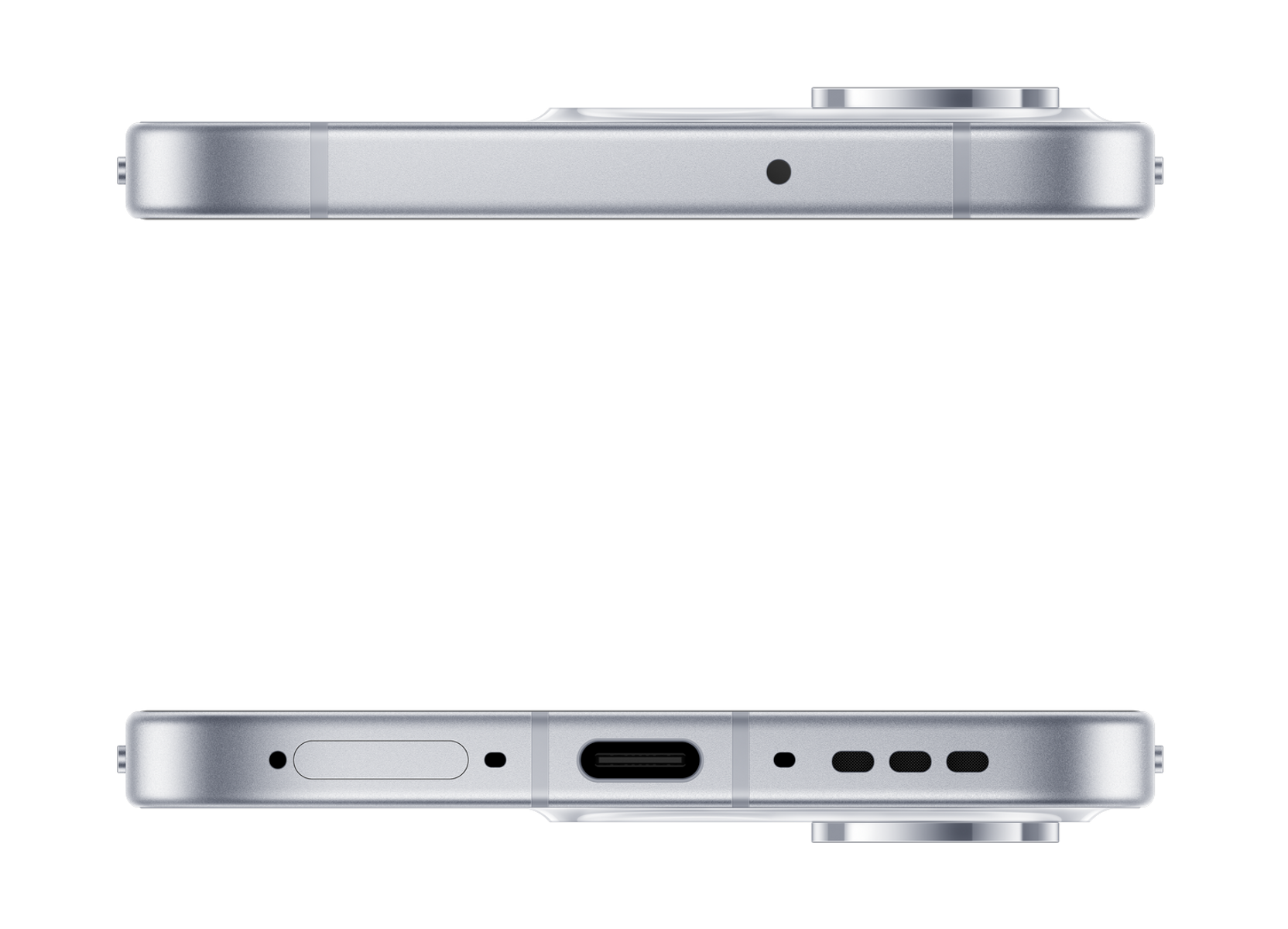 Primo piano della parte superiore e inferiore di uno smartphone argentato con porte.