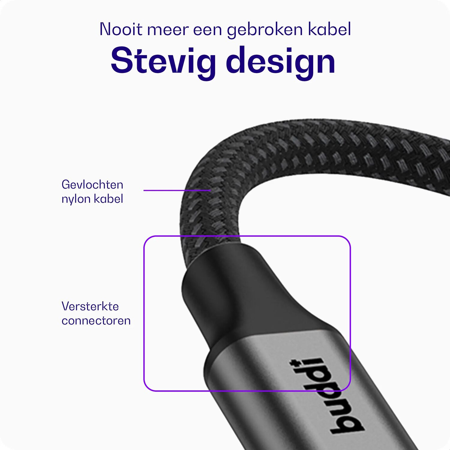 Een duurzame kabel met gevlochten nylon en versterkte connectoren.