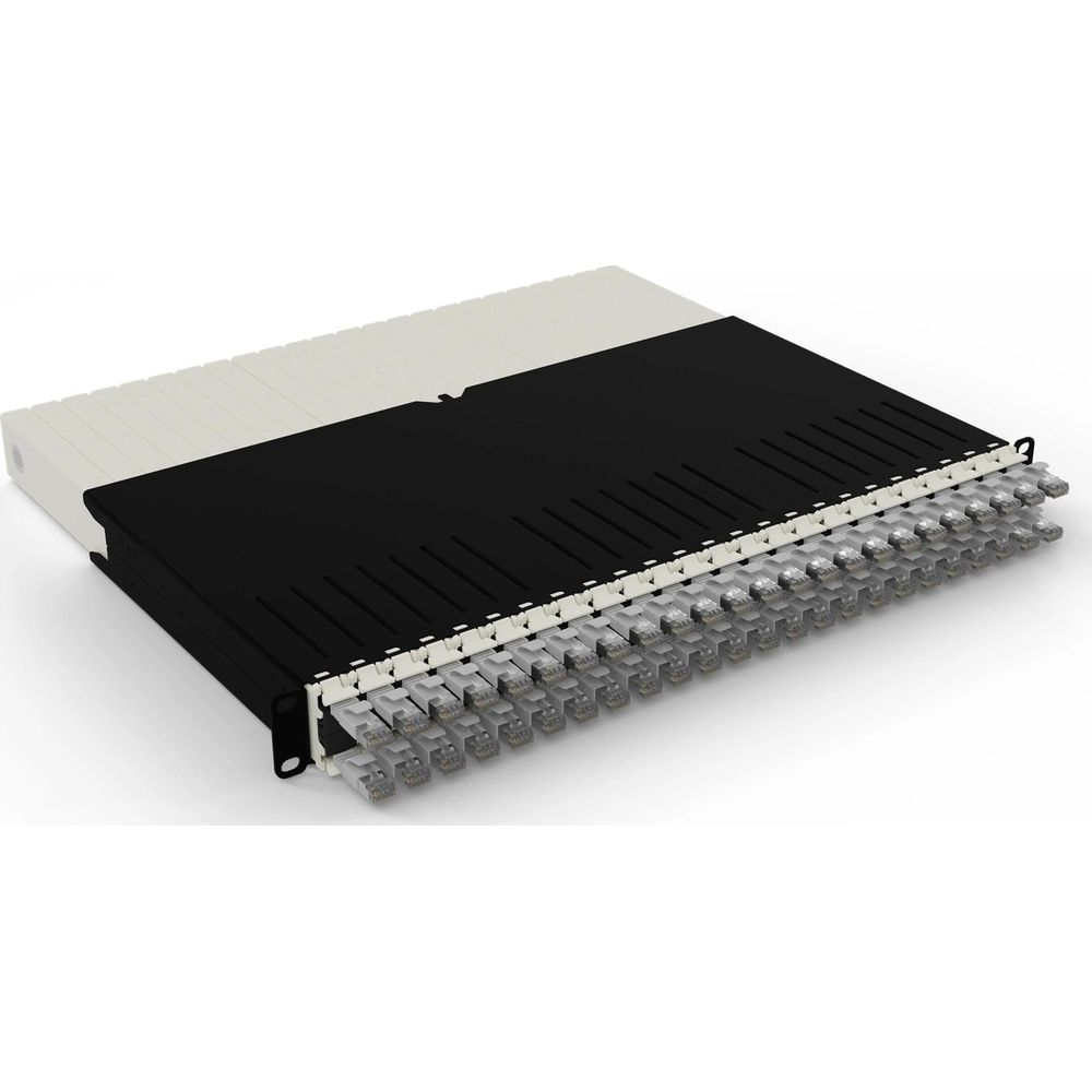 Un pannello di rete nero e beige con molti connettori RJ45 trasparenti.