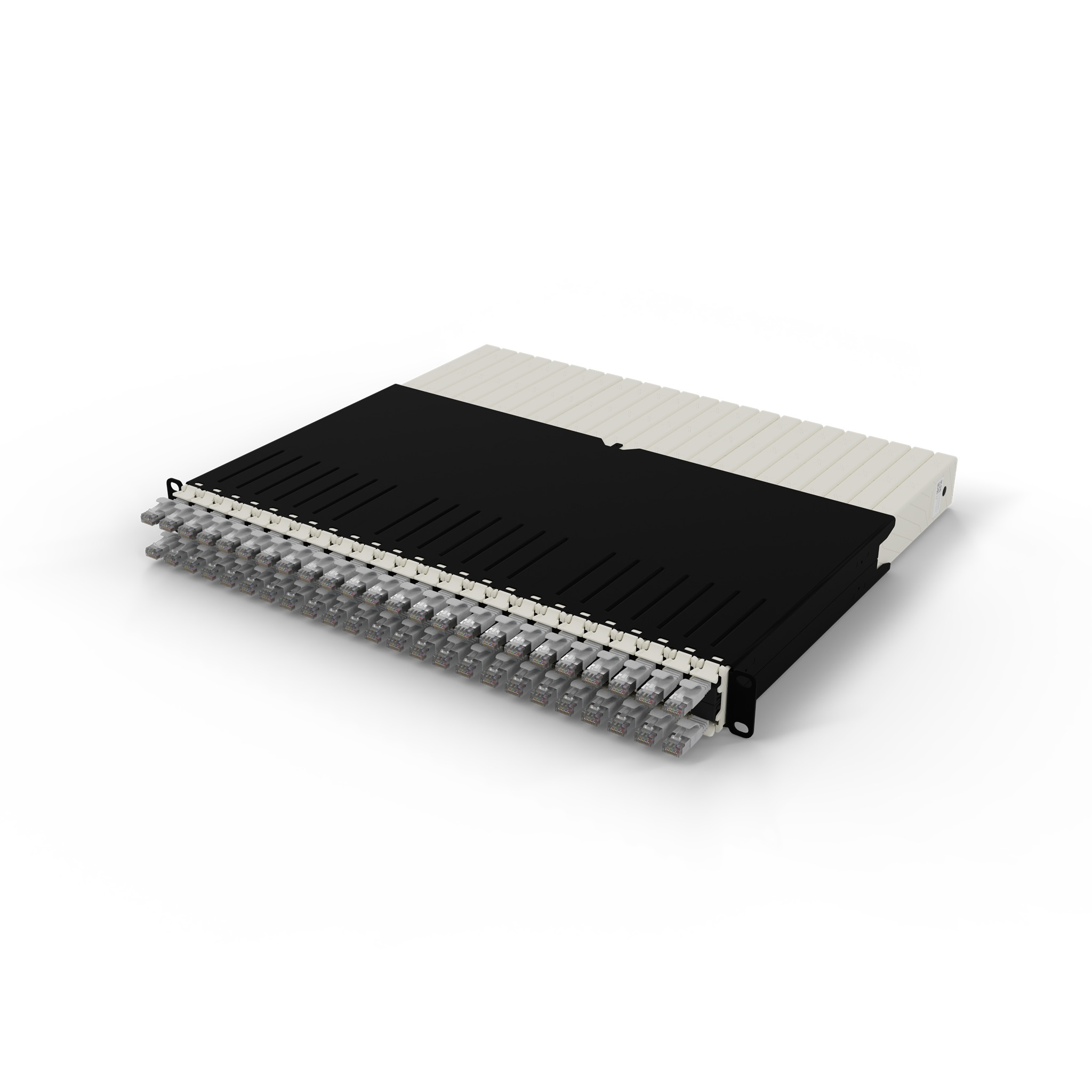 Un pannello patch di rete nero e crema con molti connettori RJ45 trasparenti.