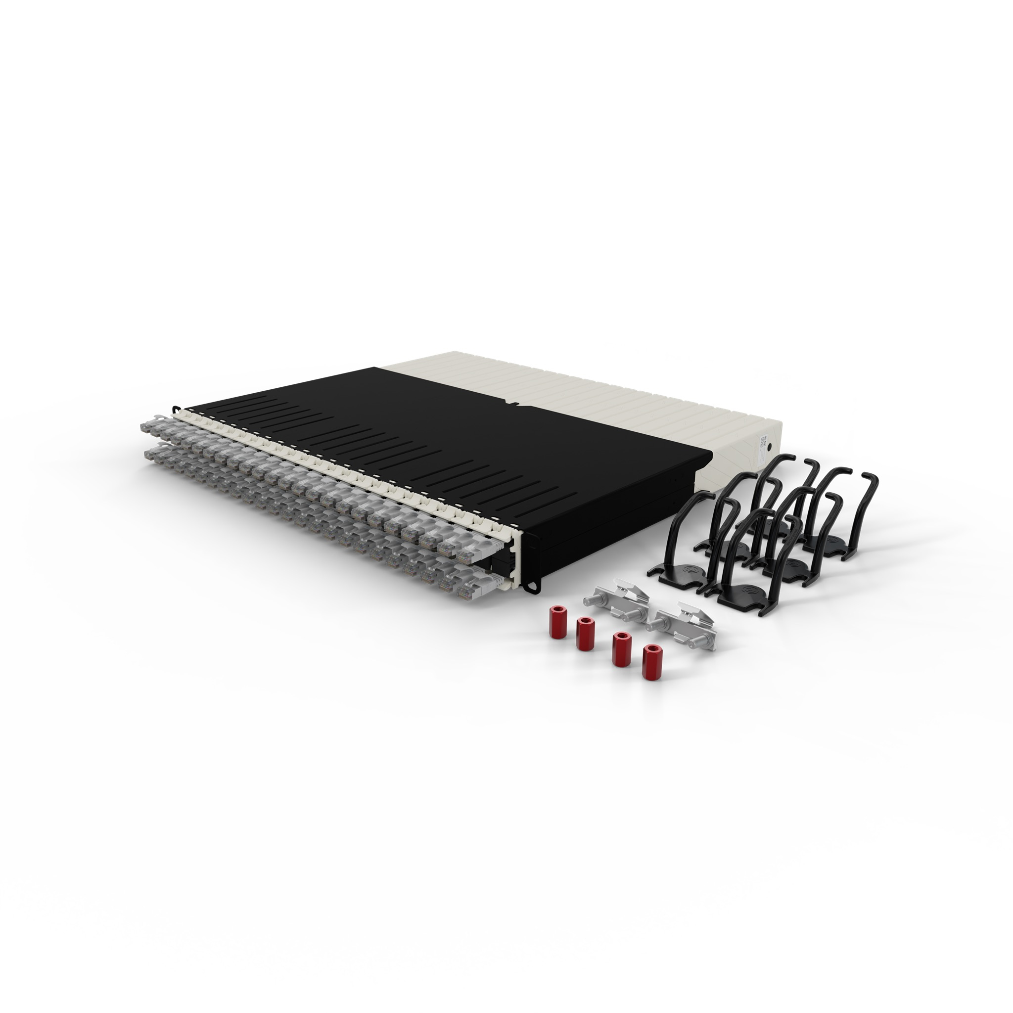 Un rack nero e grigio chiaro con molte porte, accessori e tappi rossi.