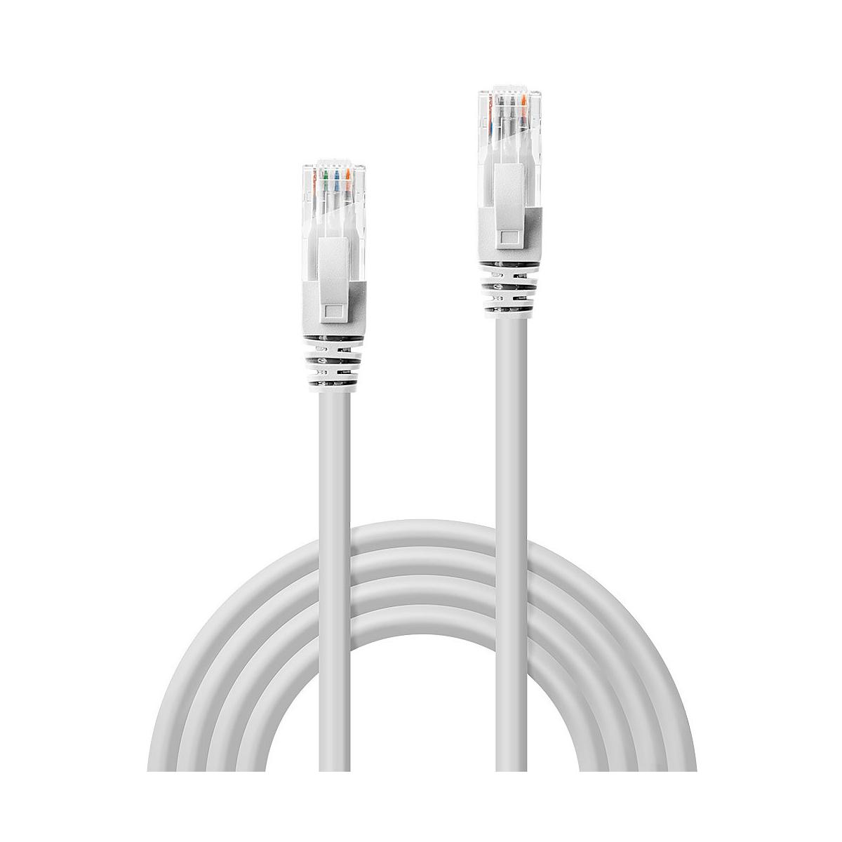 Due cavi Ethernet bianchi con connettori trasparenti e fili colorati.