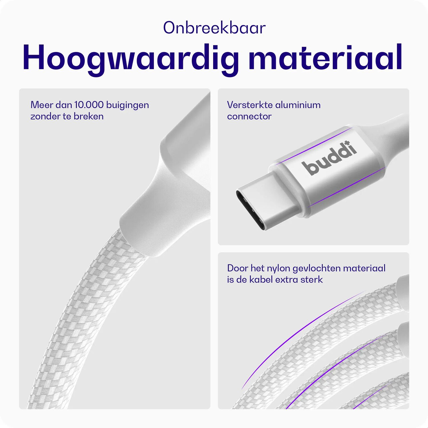 Hoogwaardig, onbreekbaar materiaal: Kabel met aluminium connector, bestand tegen 10.000 buigingen.