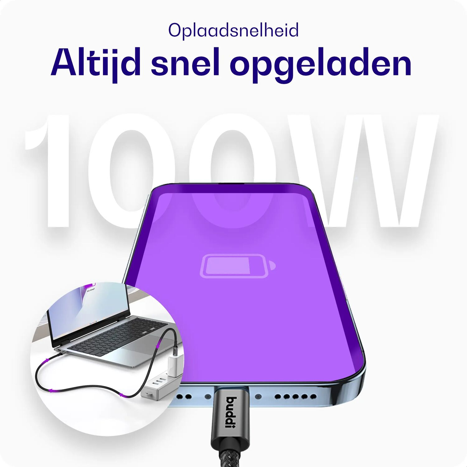 Een smartphone laadt snel op met 100W. Een laptop wordt ook getoond.