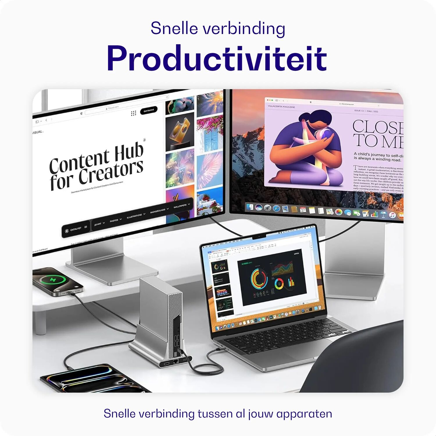 Een bureauopstelling met laptops, externe opslag, dubbele monitoren en opladers.