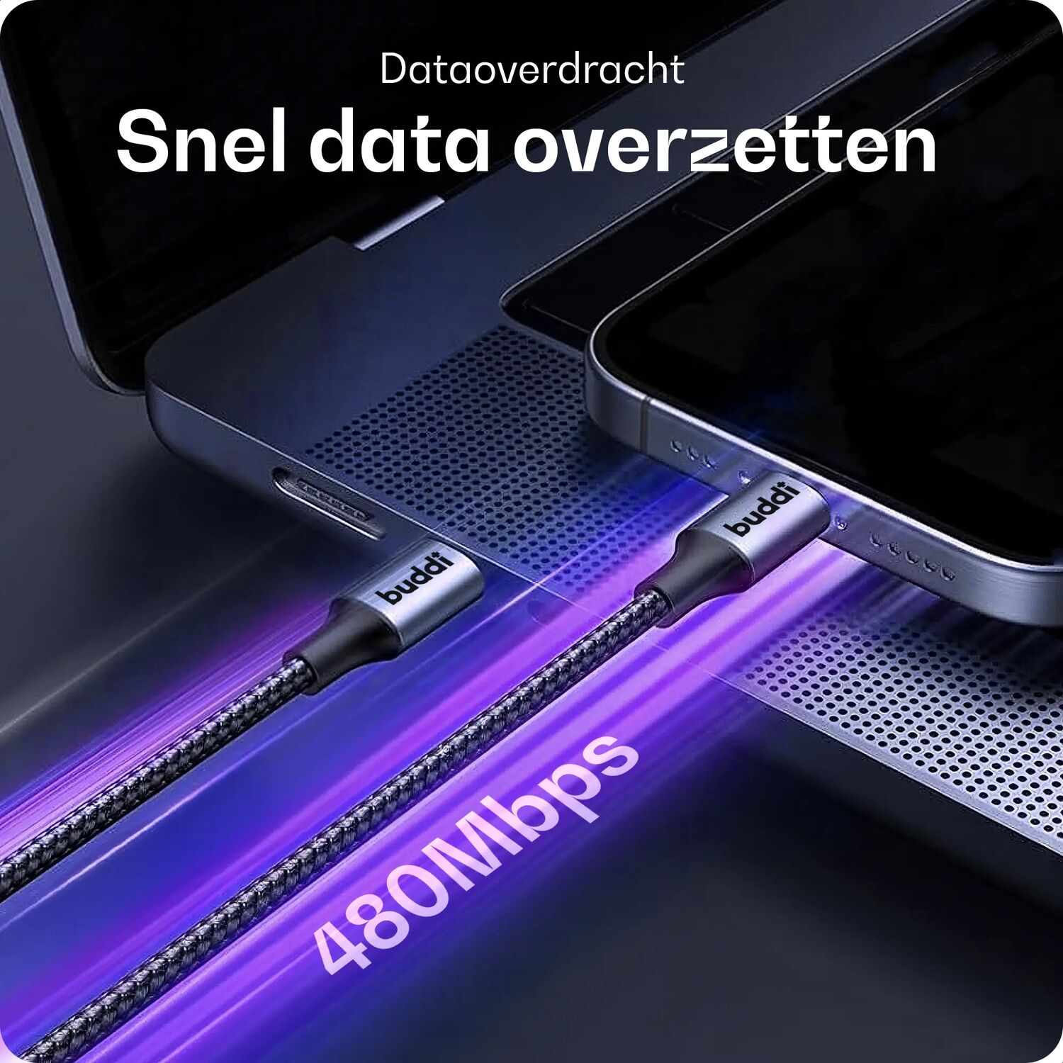 Een Buddi-kabel verbindt een smartphone met een laptop, 480 Mbps.