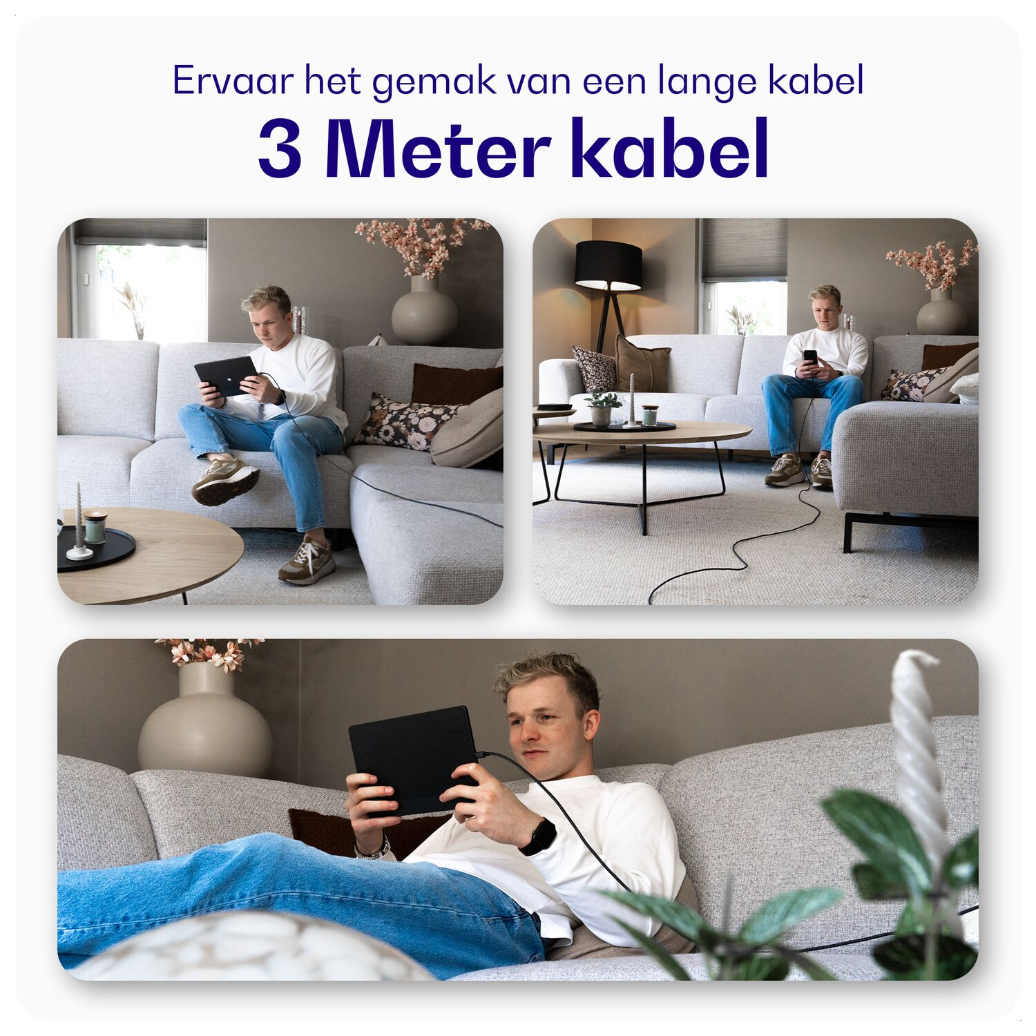 Man op bank met tablet en lange kabel. Drie beelden tonen hem.