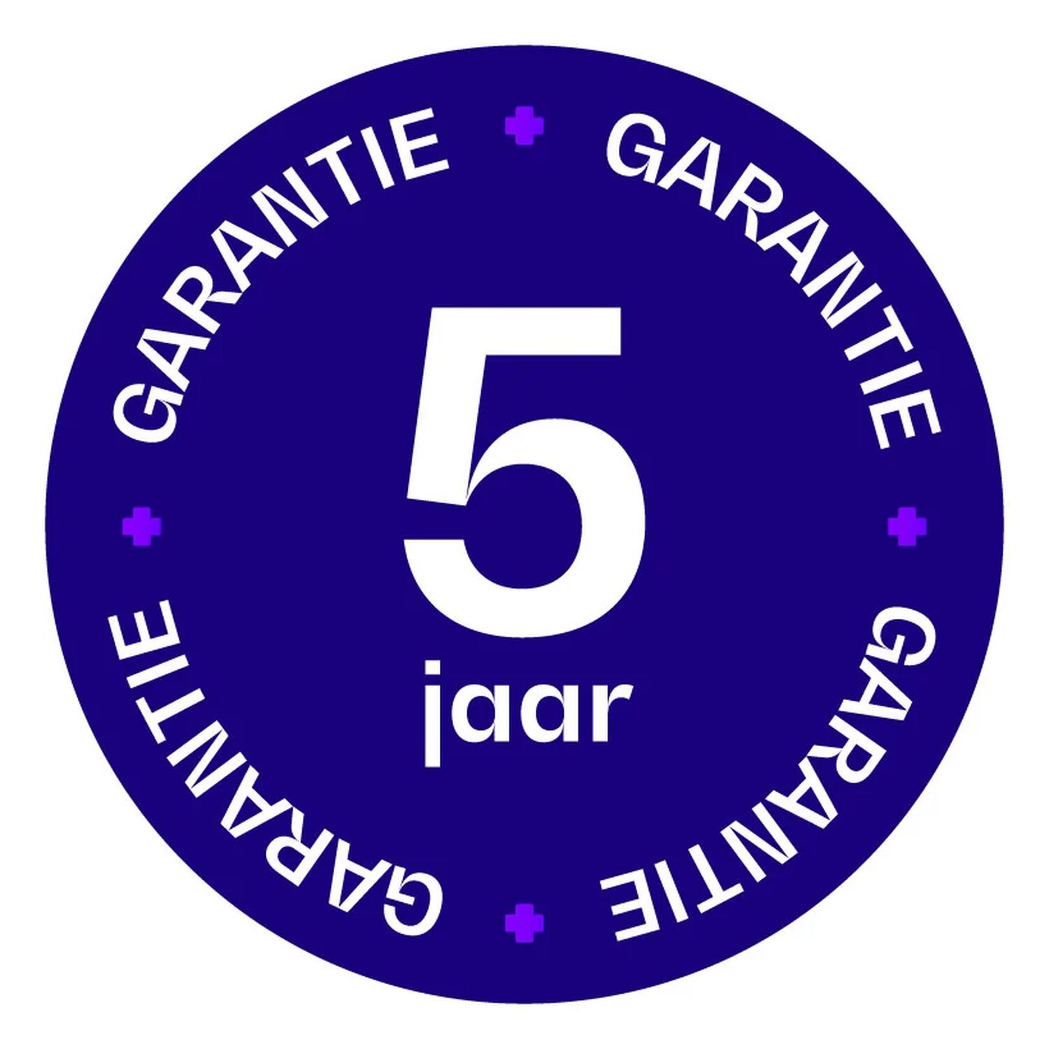 5 jaar garantie sticker met paarse kruisjes op donkerblauwe achtergrond.