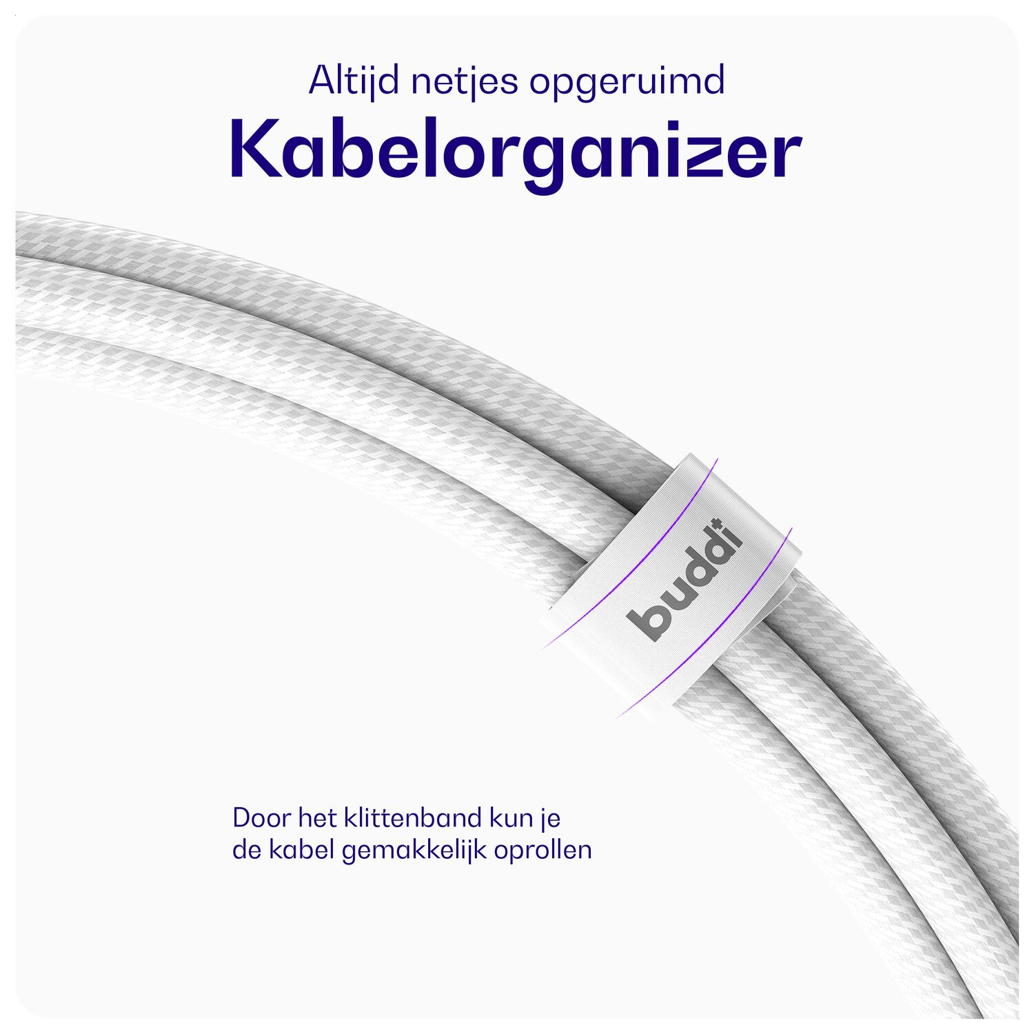 Drie witte kabels met patroon, samengehouden door een witte klittenbandsluiting.