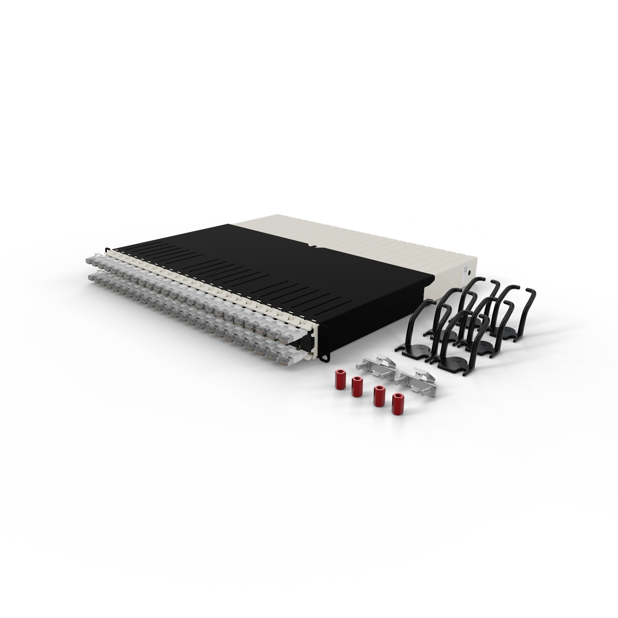 Un rack nero e color crema con molte porte e accessori.