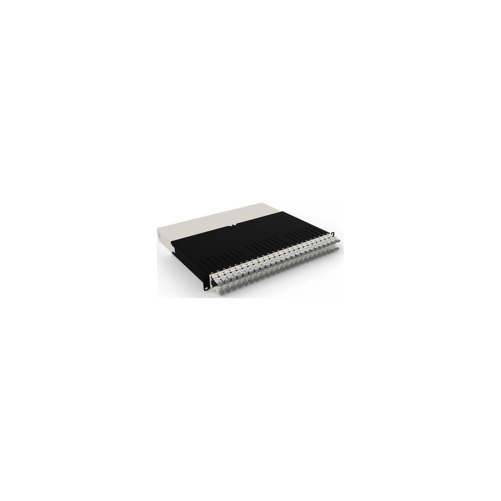 Un pannello di permutazione nero con molti connettori grigi e un alloggiamento bianco.