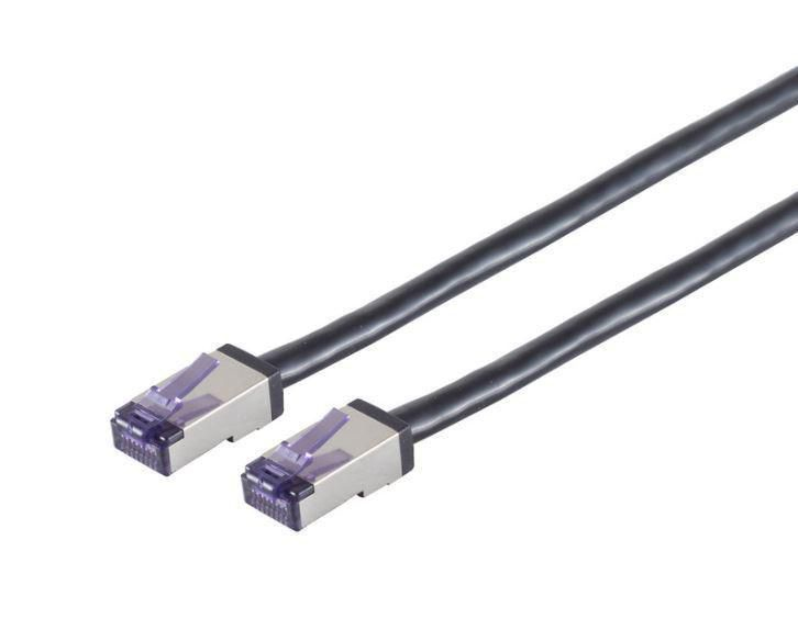 Due cavi Ethernet neri con connettori viola su sfondo bianco.