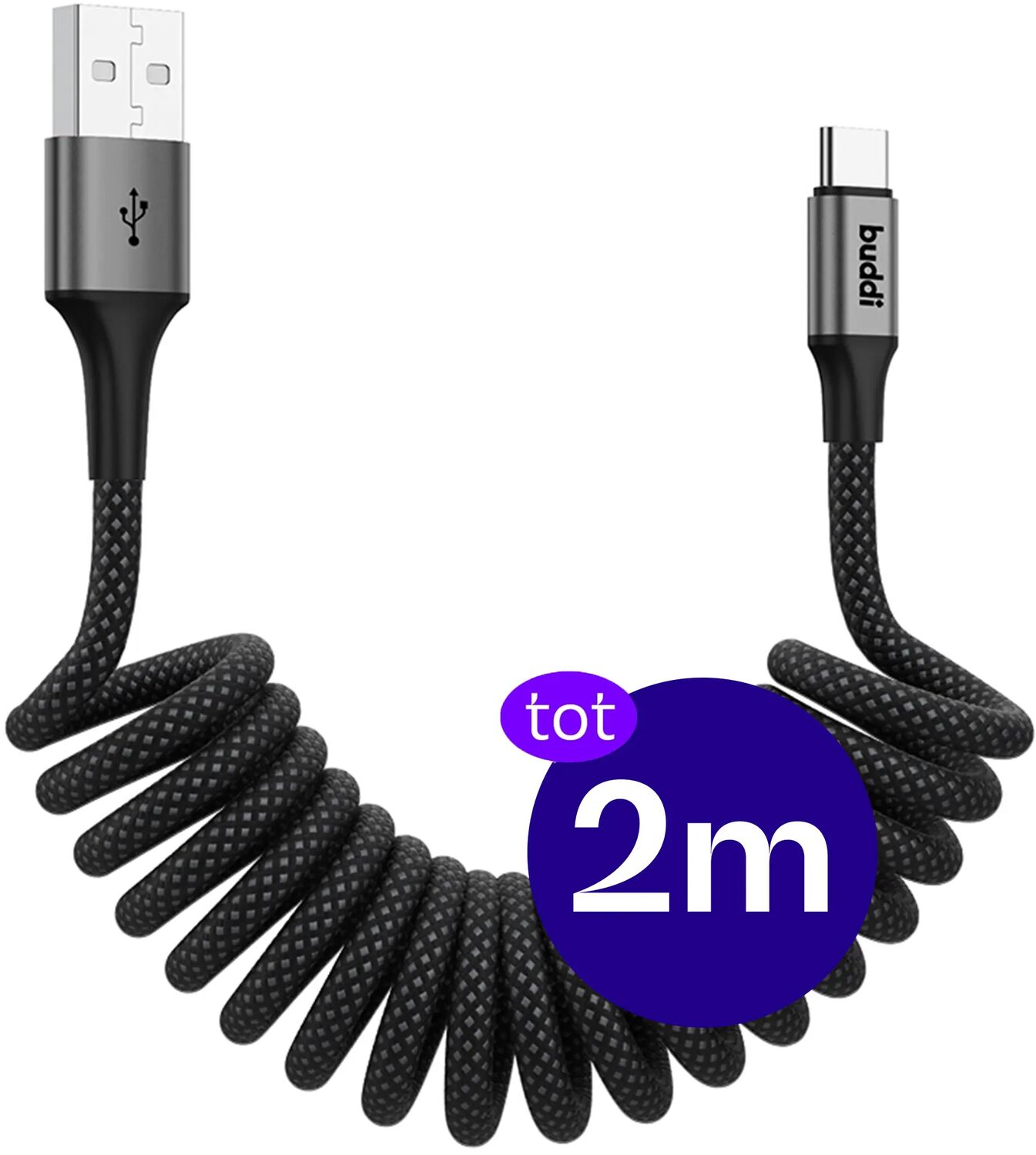 Zwarte spiraalkabel met USB-A en USB-C uiteinden, 2m lang.