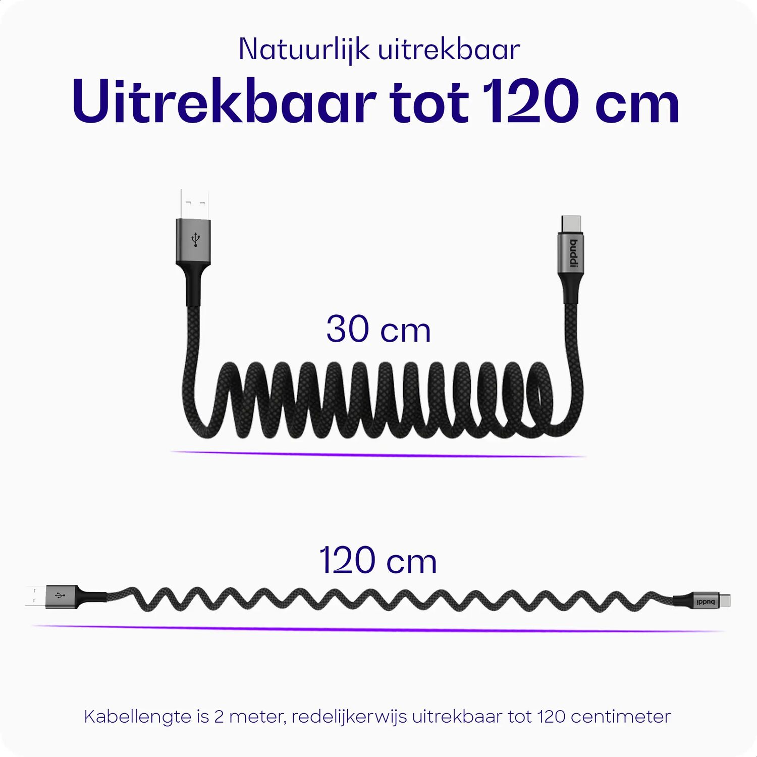 Zwarte spiraalvormige USB-kabel, 30 cm en 120 cm lang. Natuurlijk rekbaar.