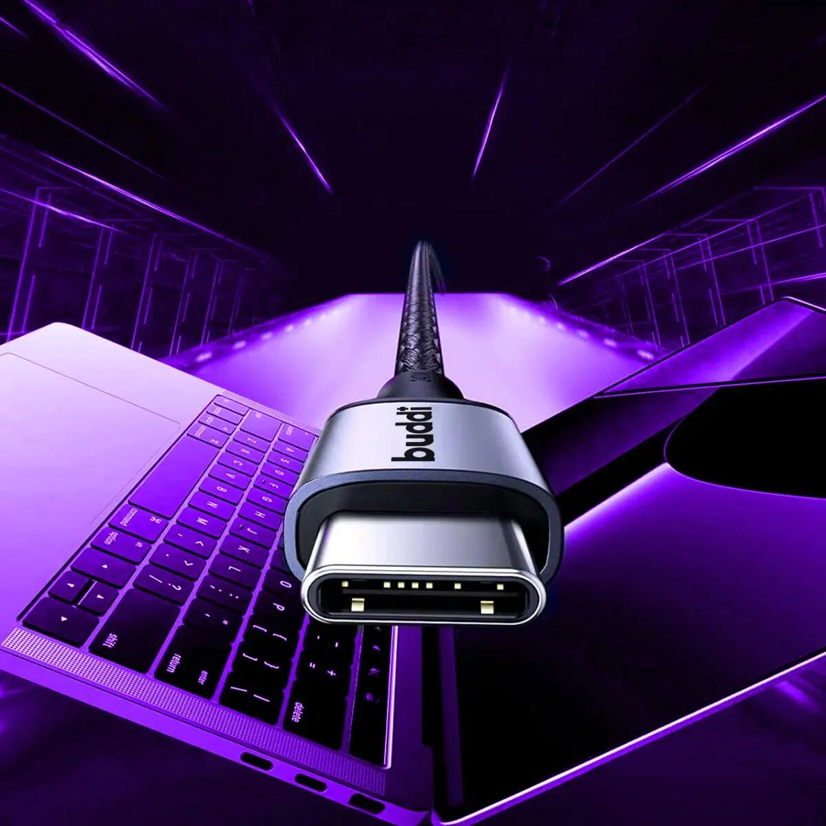 Een USB-C kabel met zilveren connector en zwart gevlochten koord rust op een laptop.