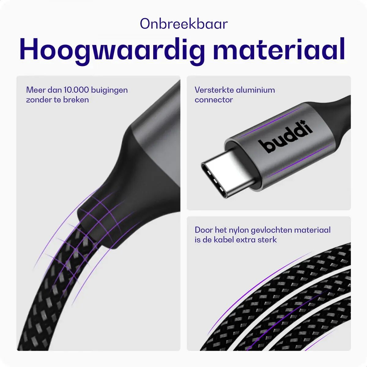 Een duurzame kabel met USB-C-connector en gevlochten nylon materiaal.