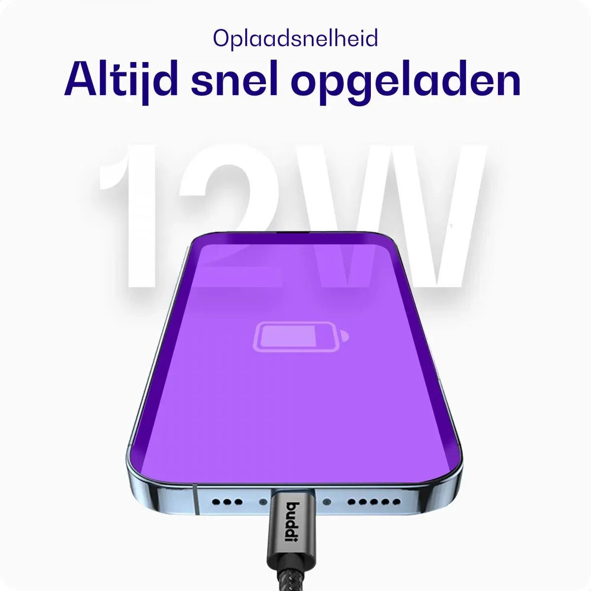 Een smartphone met paars scherm laadt op via een zwarte kabel.
