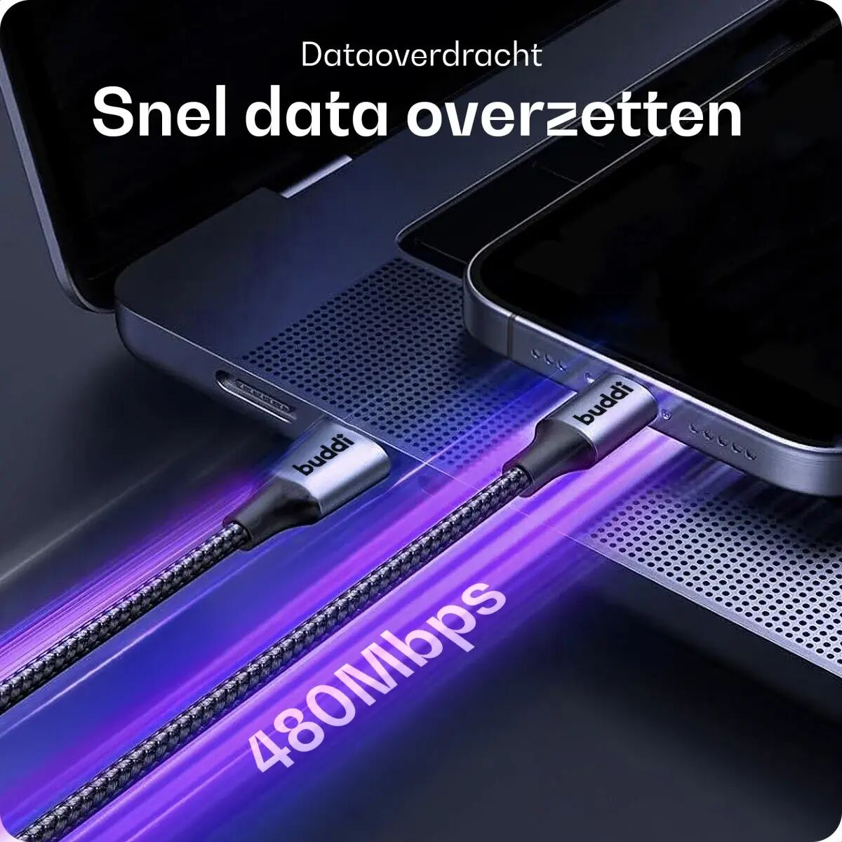 Twee Budd-kabels verbinden een smartphone en laptop, 480 Mbps gegevensoverdracht.