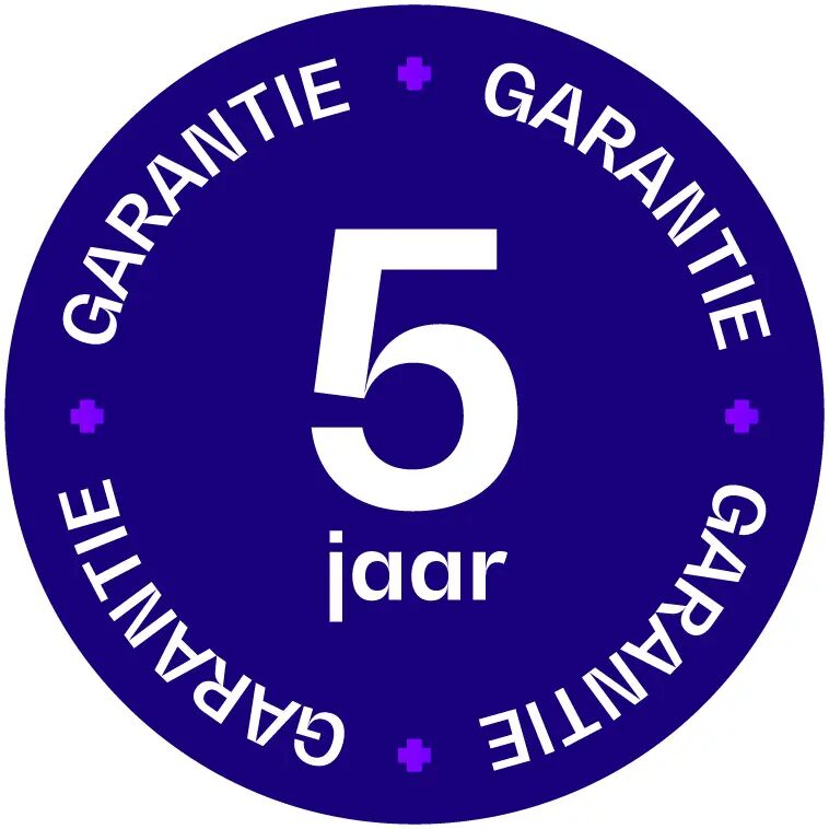 5 jaar garantie sticker met paarse kruisjes en witte tekst.