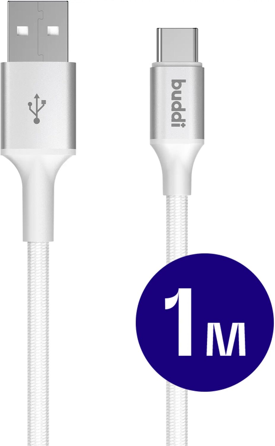 Een witte USB-A naar USB-C kabel met 1m label.
