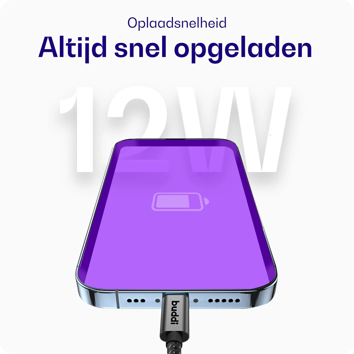 Een smartphone met paars scherm wordt opgeladen via een Buddhi-kabel.
