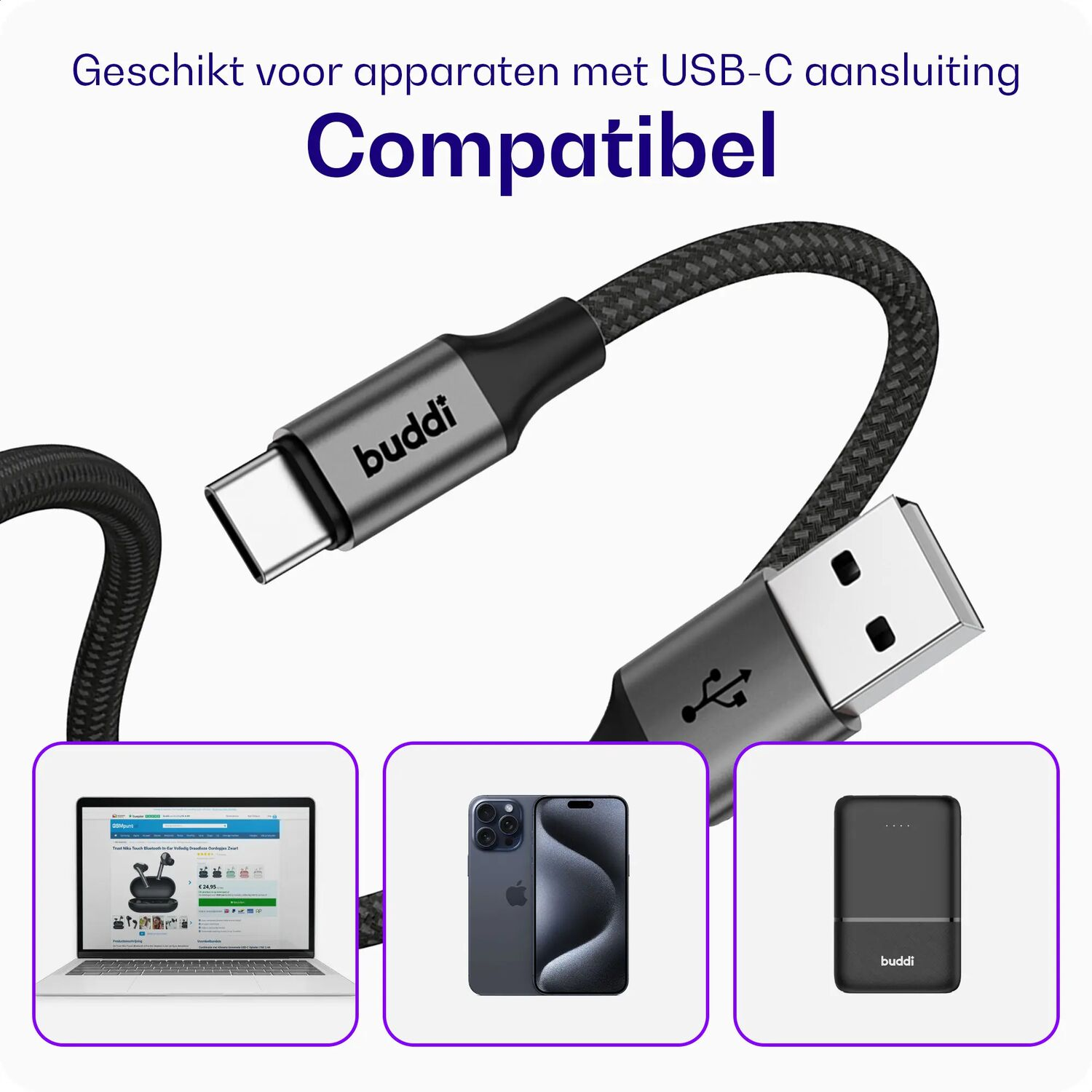 USB-C naar USB-A kabel compatibel met laptop, telefoon en powerbank.