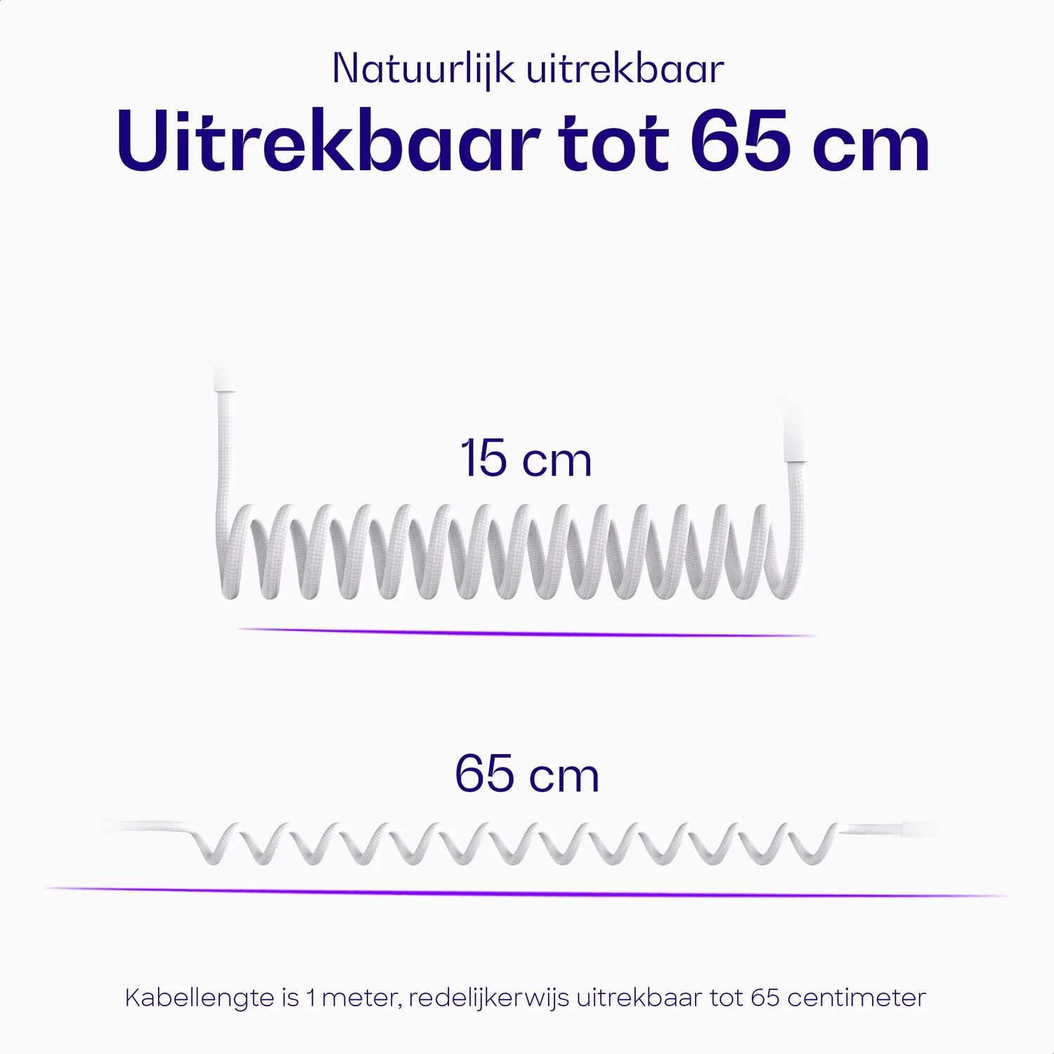 Een wit spiraalkabel, uitrekbaar van 15 cm tot 65 cm.