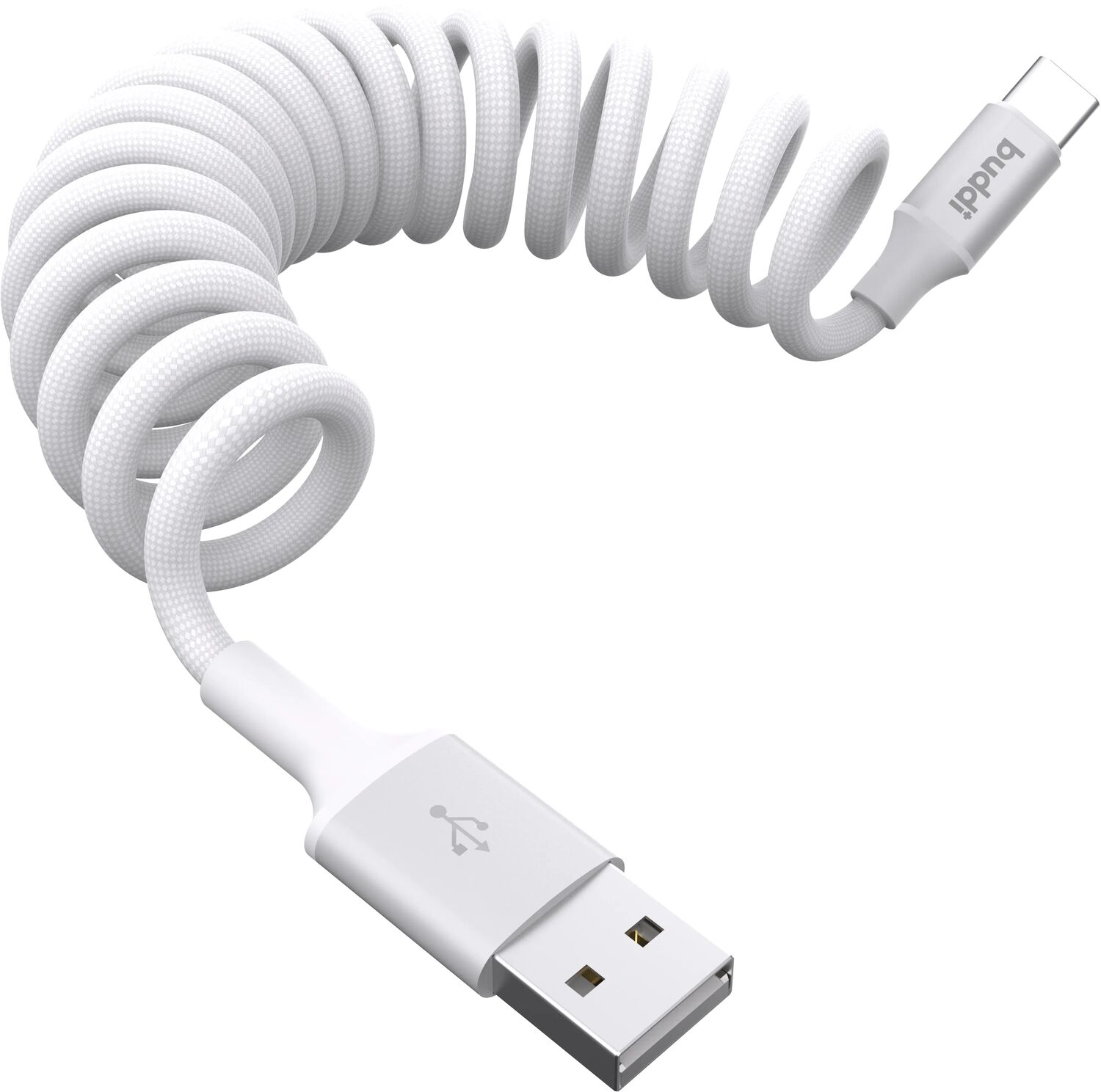 Een witte, spiraalvormige USB-C naar USB-A oplaadkabel met het merk 'budi' op het USB-C uiteinde.