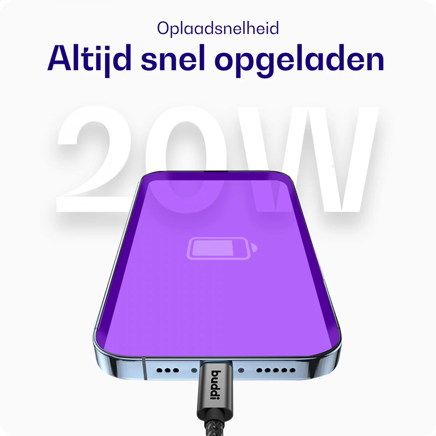 Smartphone met paars scherm wordt opgeladen. 20W laadsnelheid.