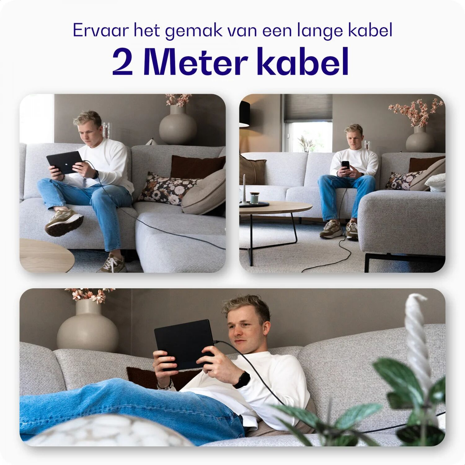 Man op bank met tablet en lange kabel. Ontspannen thuis.