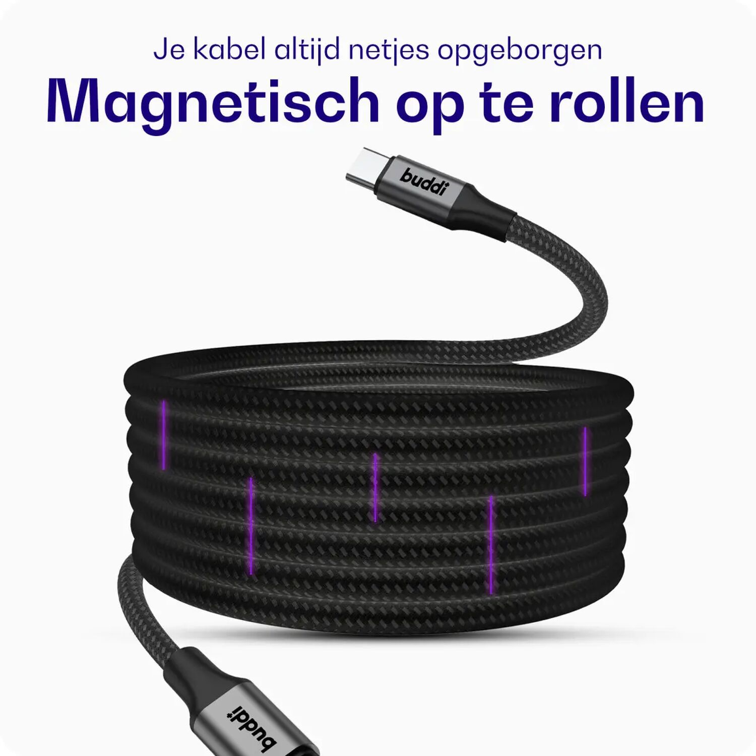 Een zwarte USB-C kabel met magneetsluiting, opgerold met paarse lichten.
