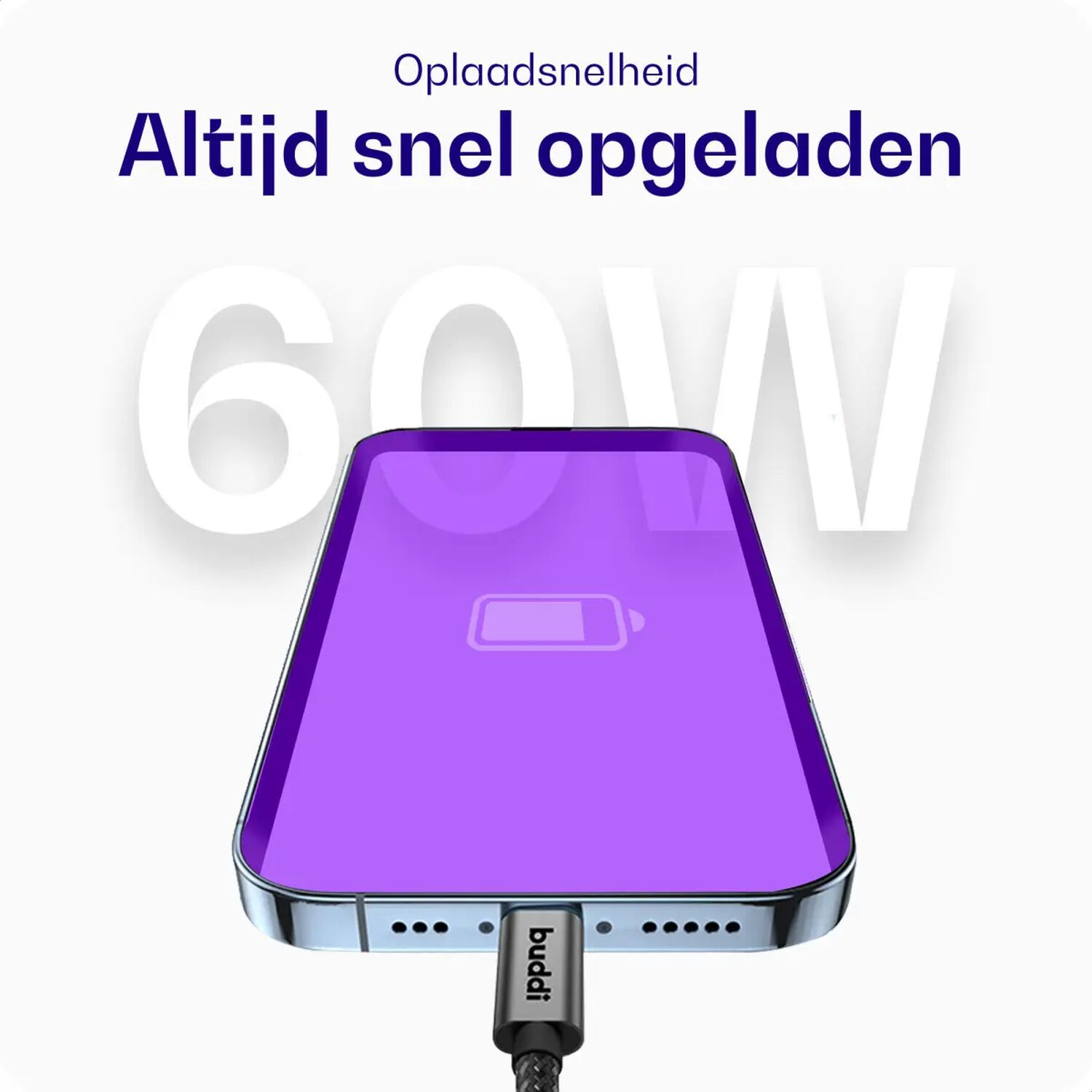 Paarse smartphone laadt snel op met 60W, met batterij-icoon.