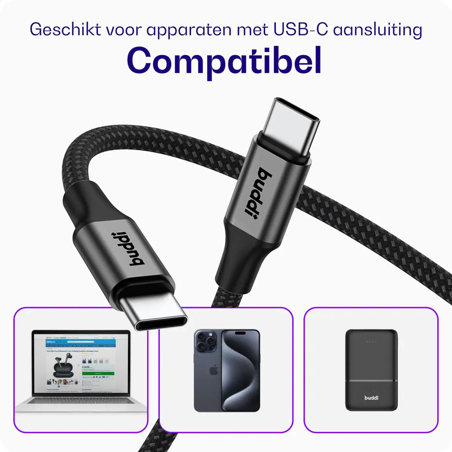 Zwarte USB-C kabel met grijze connectoren, getoond met laptop, telefoon en powerbank.