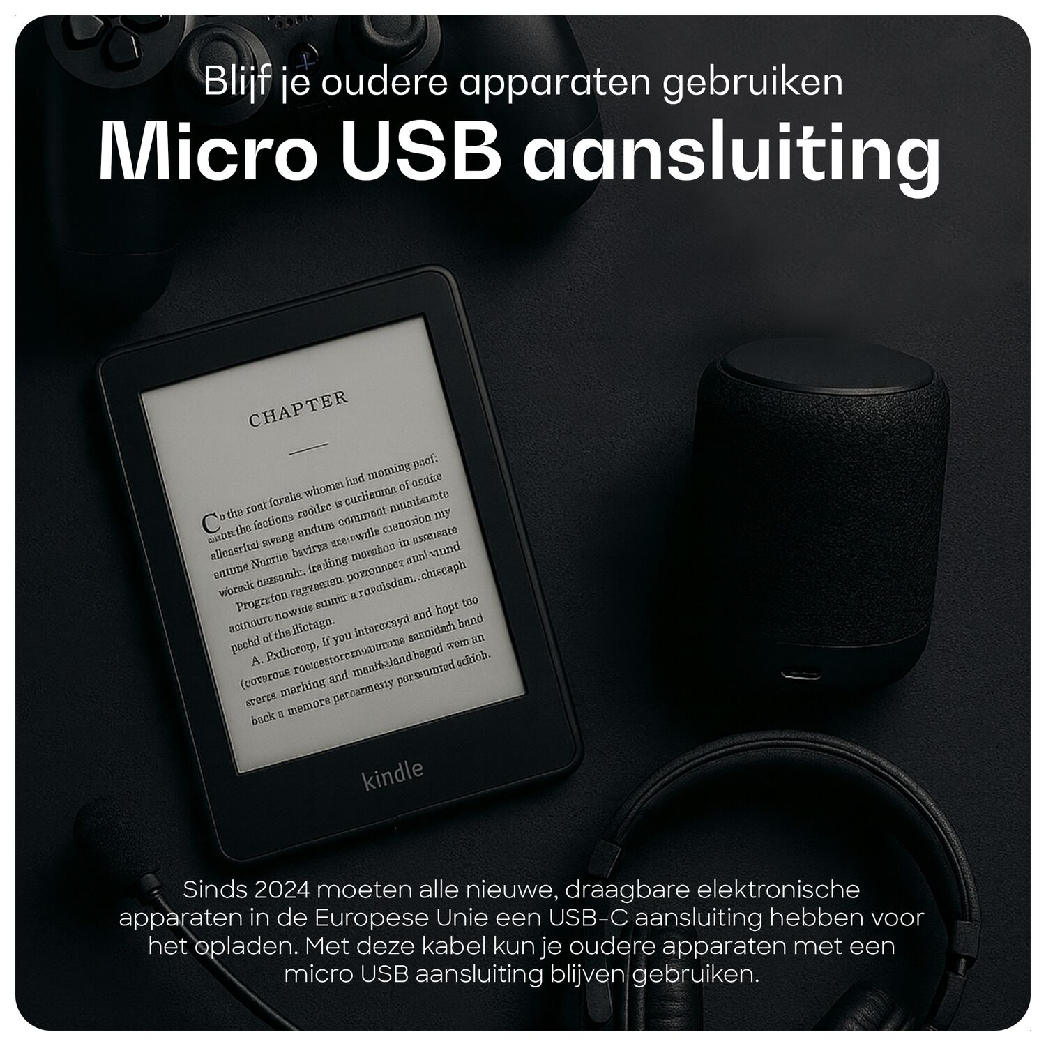 Een Kindle e-reader met tekst en koptelefoon ernaast op een donkere achtergrond.