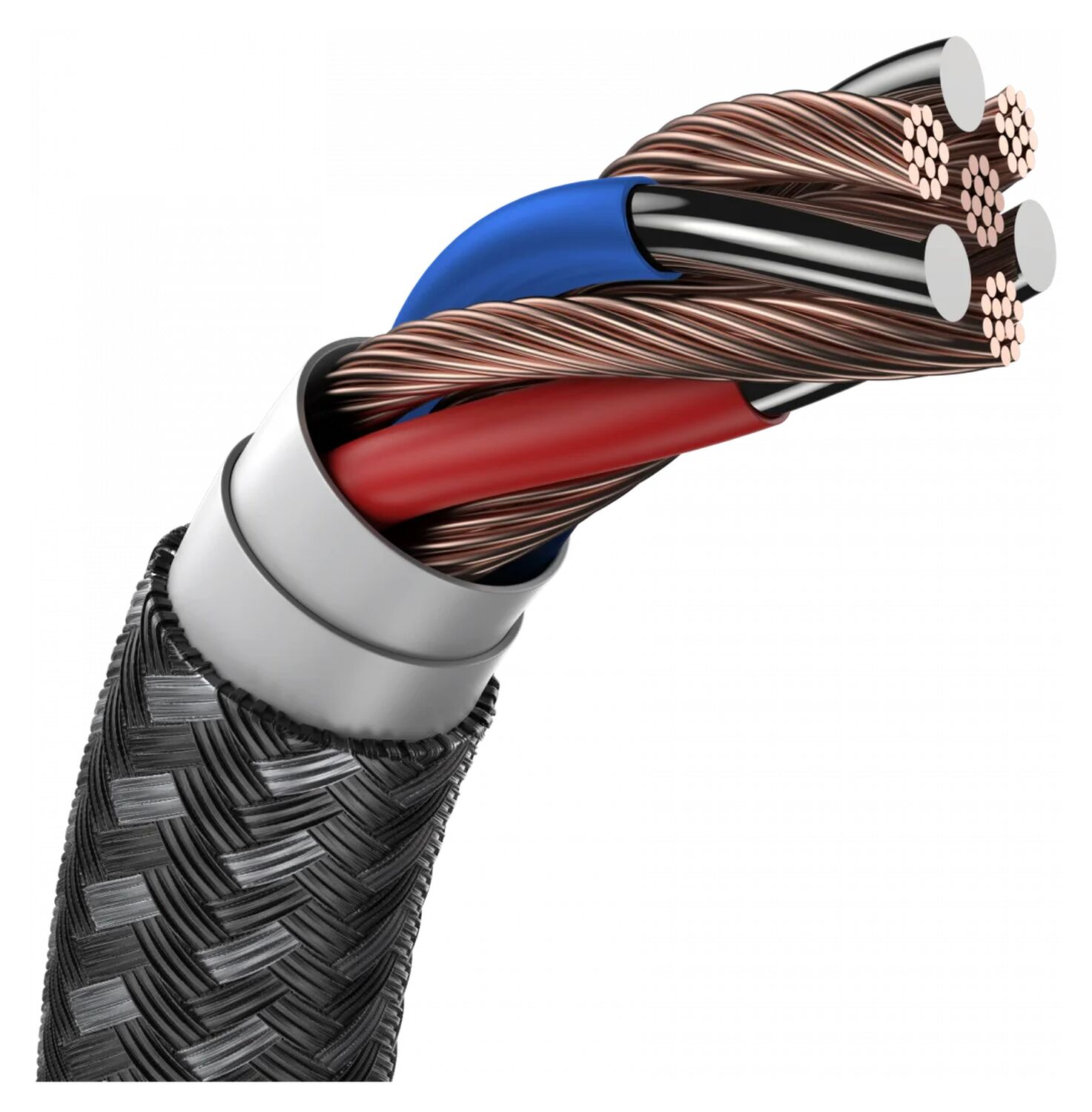 Close-up van een kabel met zwarte vlechting, witte/grijze lagen en blootliggende koperdraden.