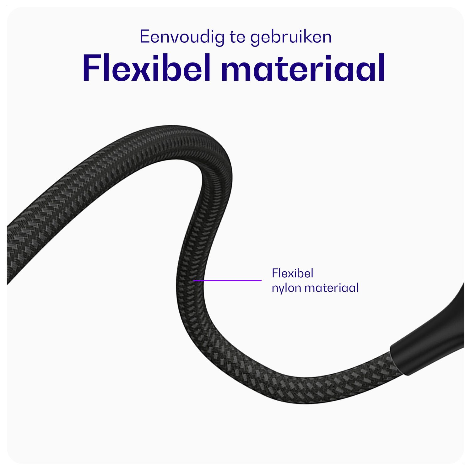 Zwart, flexibel nylon kabel met textuur en materiaalaanduiding.