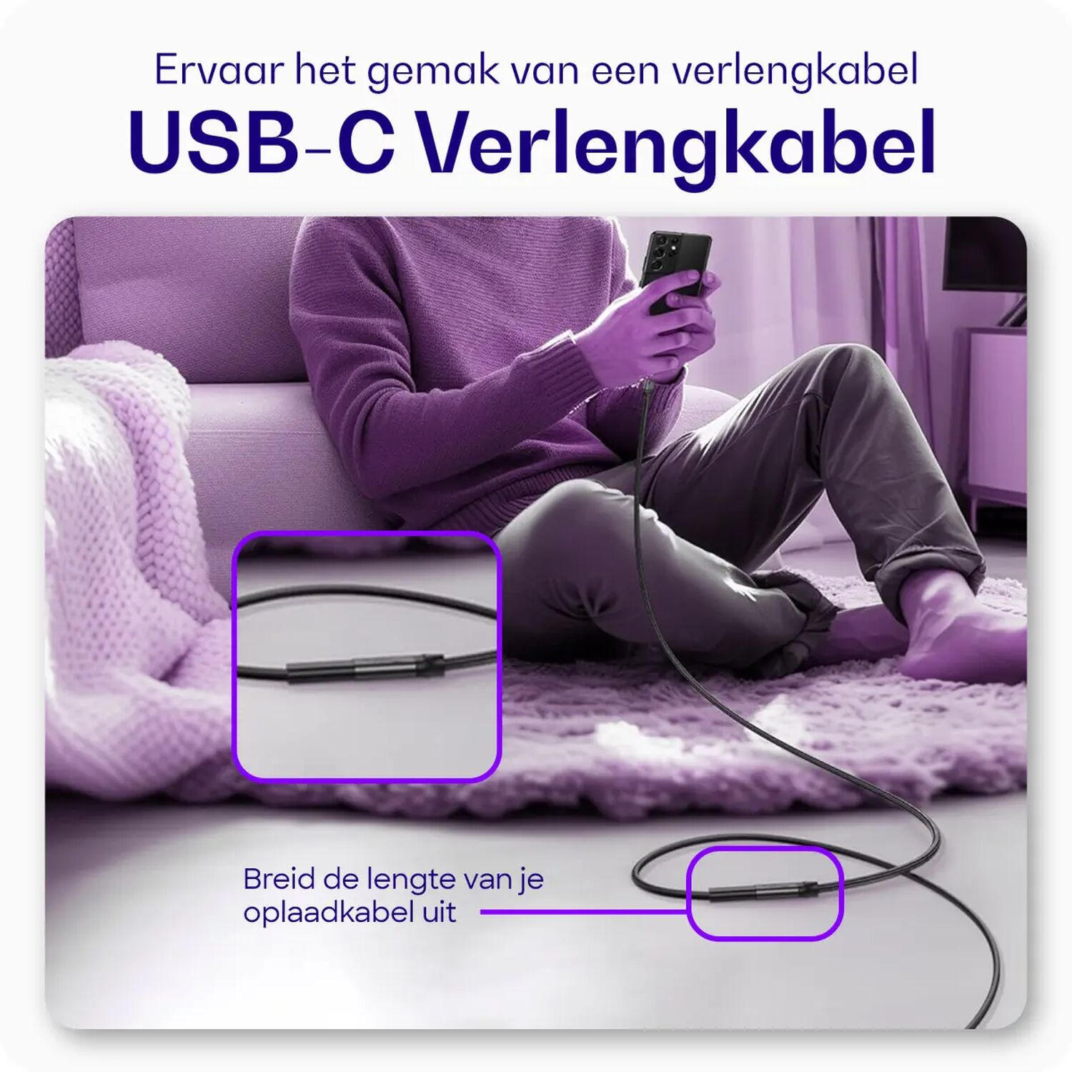Man met smartphone, USB-C verlengkabel.