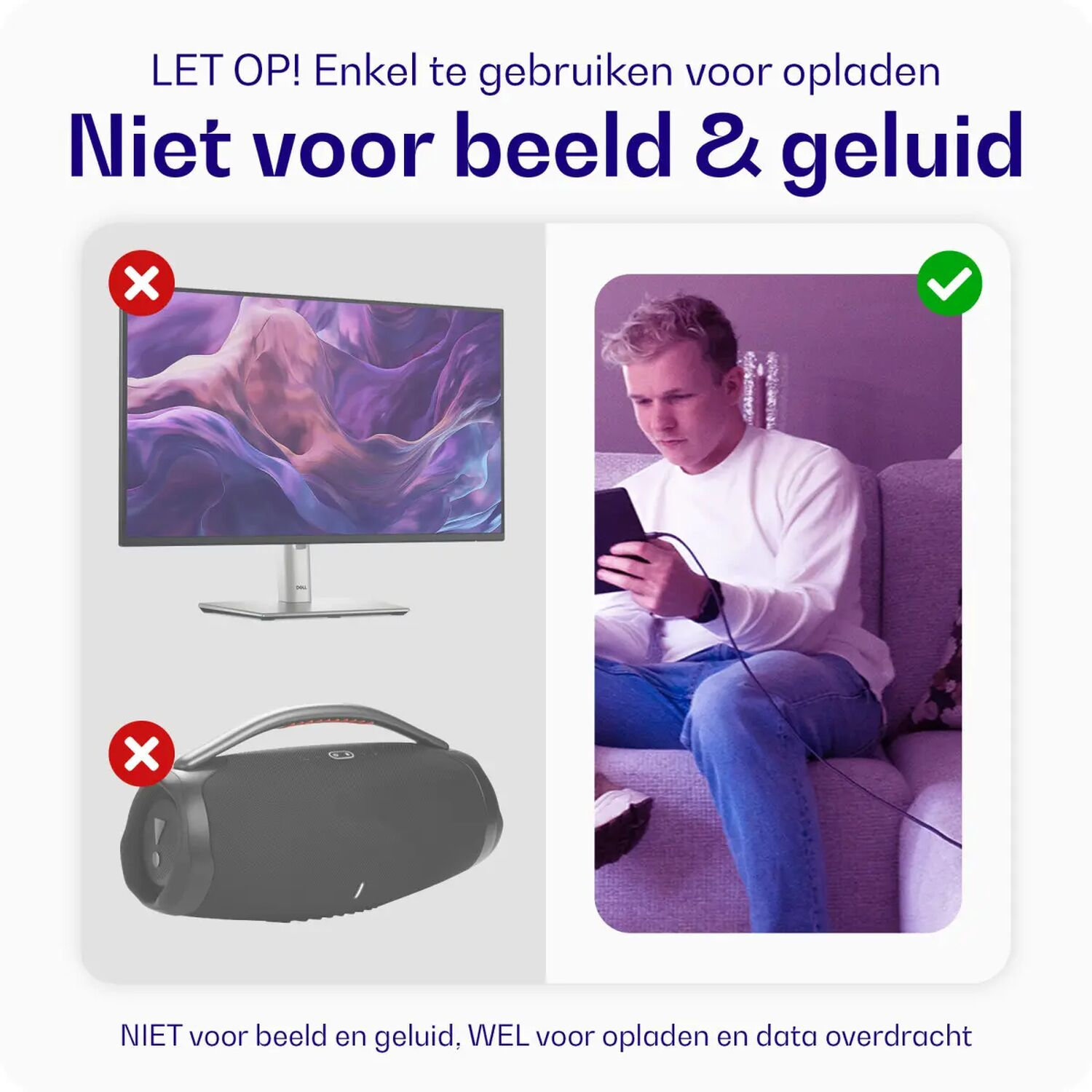 Afb. toont monitor en speaker (niet voor opladen) en man met telefoon (voor opladen).