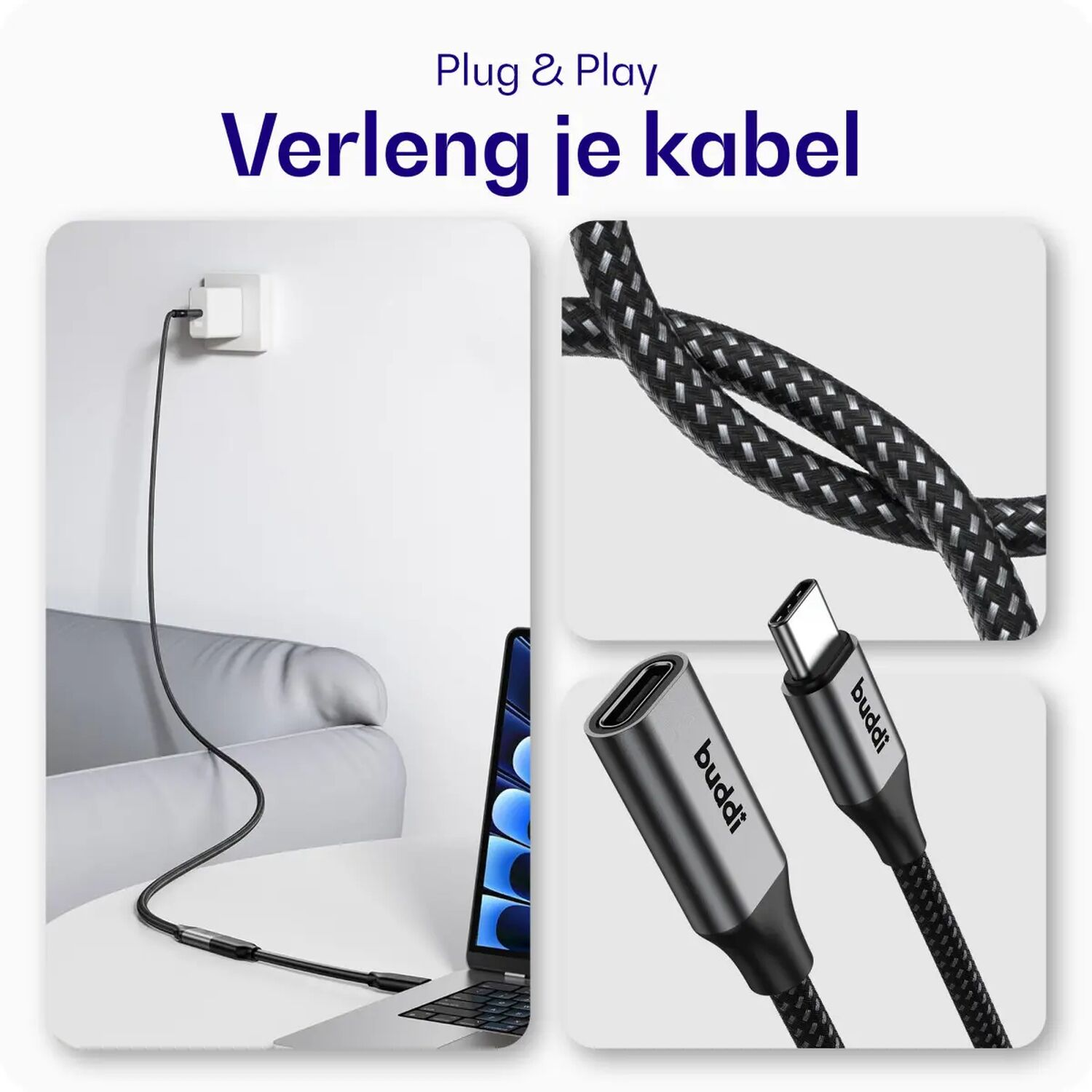 Een oplaadkabel is aangesloten op een stopcontact en een laptop.