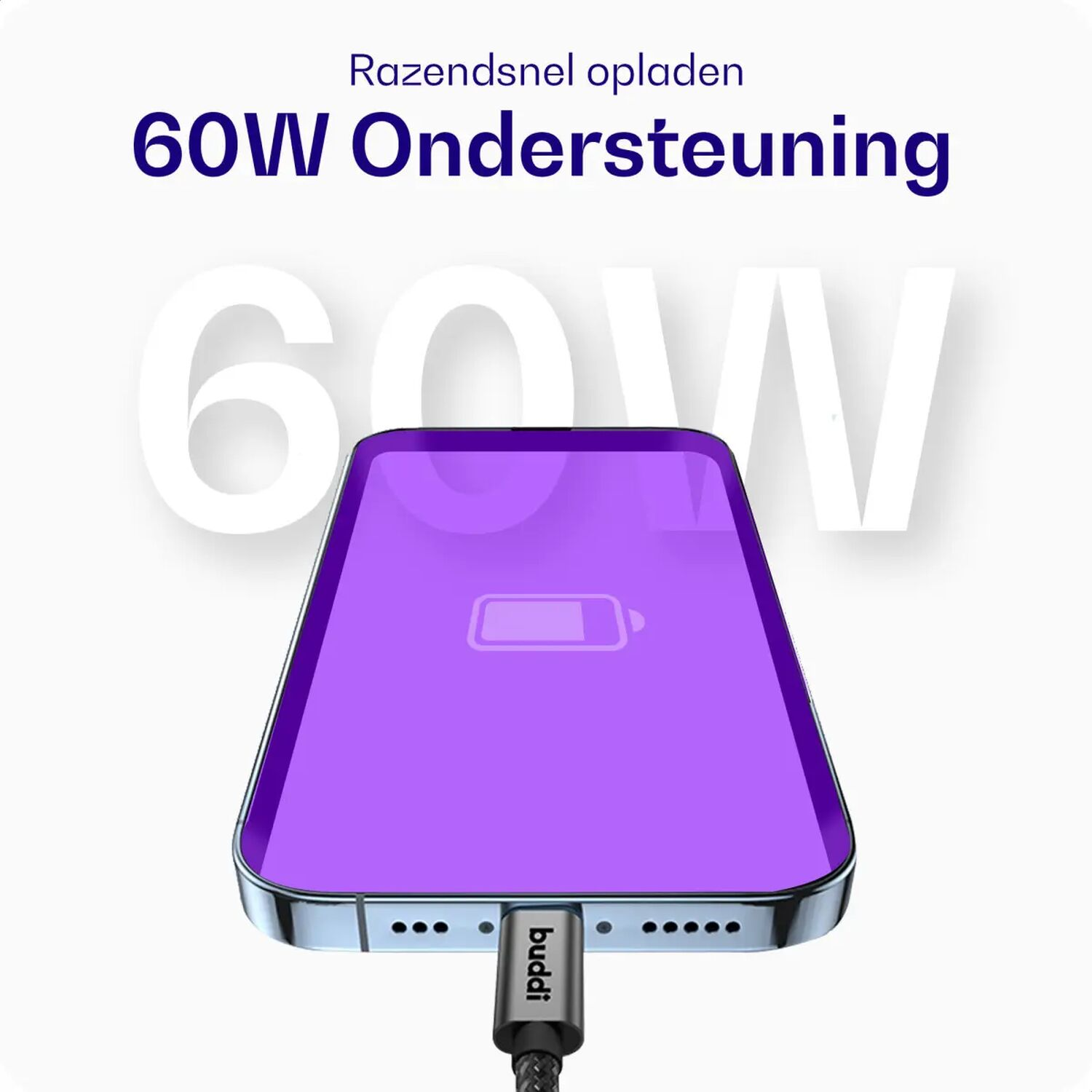 Een paarse smartphone met laadicoon wordt snel opgeladen via een USB-C kabel.