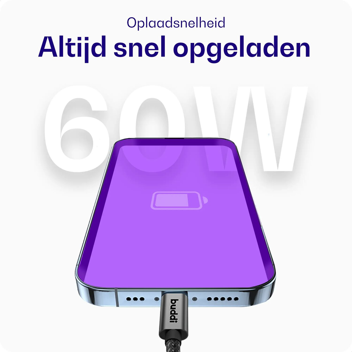 Paarse smartphone met laadicoon, verbonden met grijs kabel. 60W.