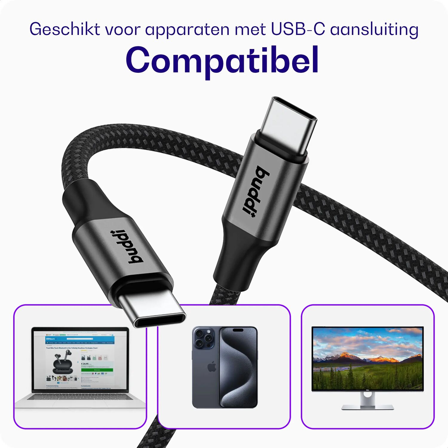 Een Buddhi USB-C kabel, compatibel met vele apparaten.