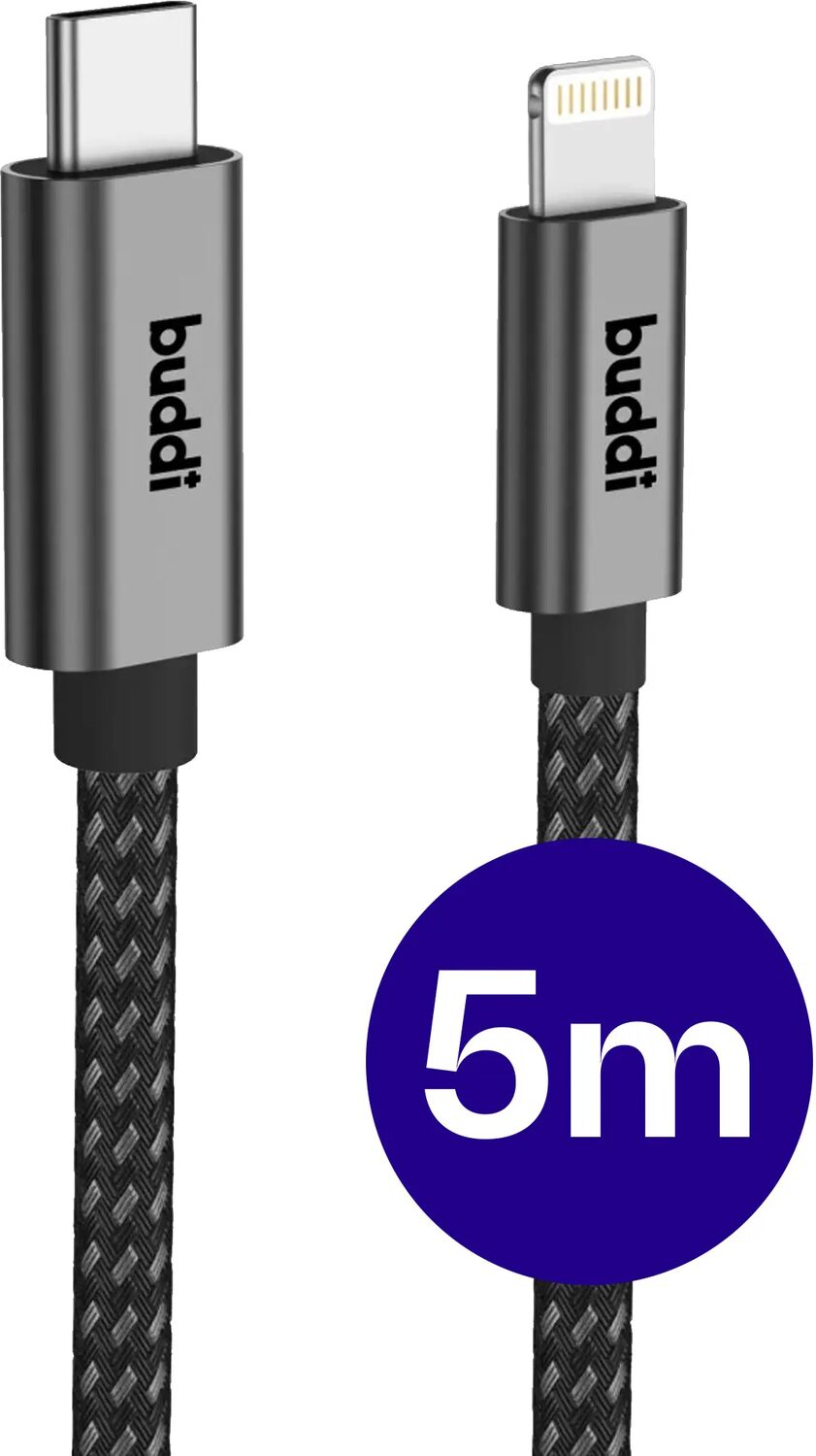 Twee grijze oplaadkabels met 'buddî' logo, één USB-C, één Lightning. Blauwe ovaal met '5m'.