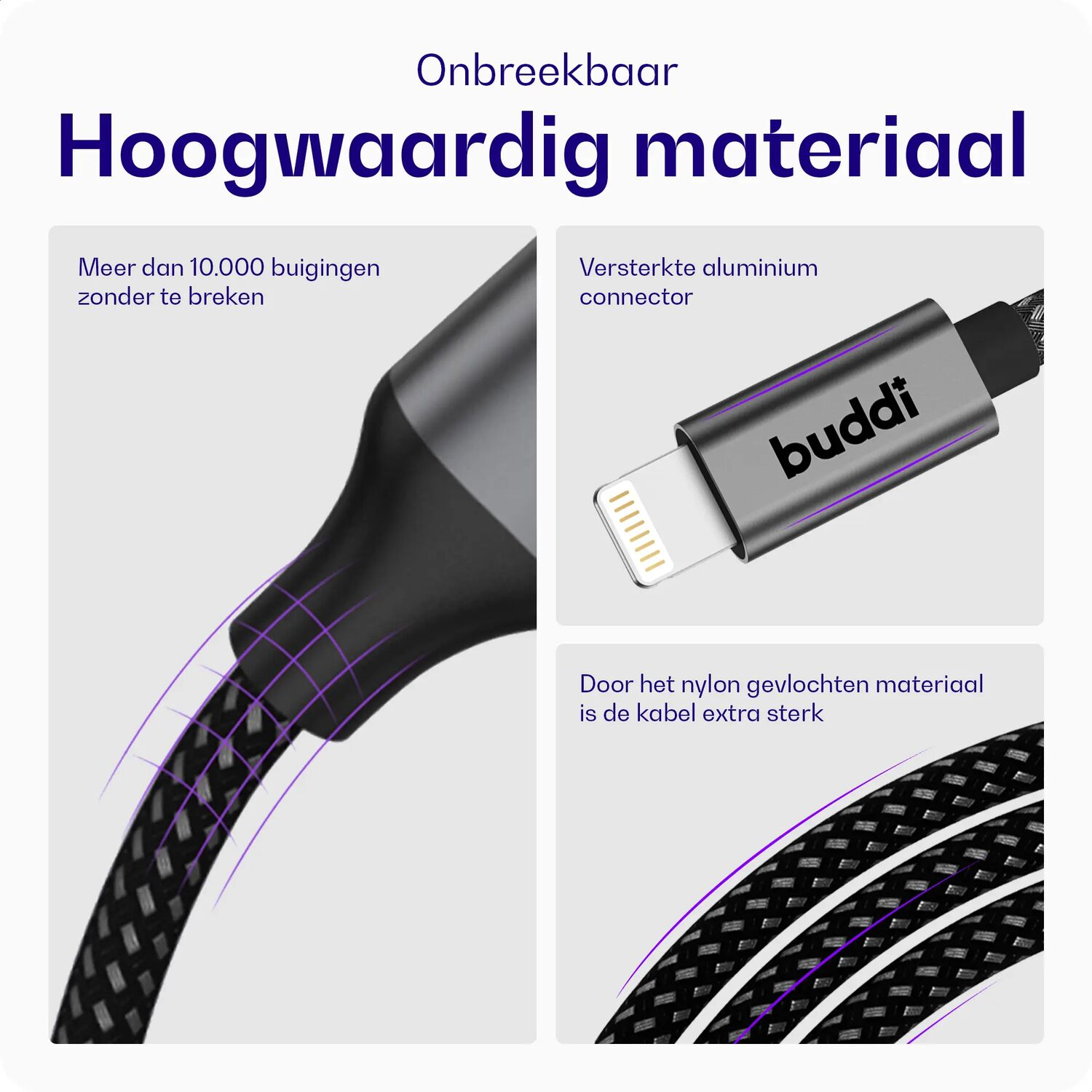 Duurzame, onbreekbare oplaadkabel met aluminium connector en nylon vlechtwerk.
