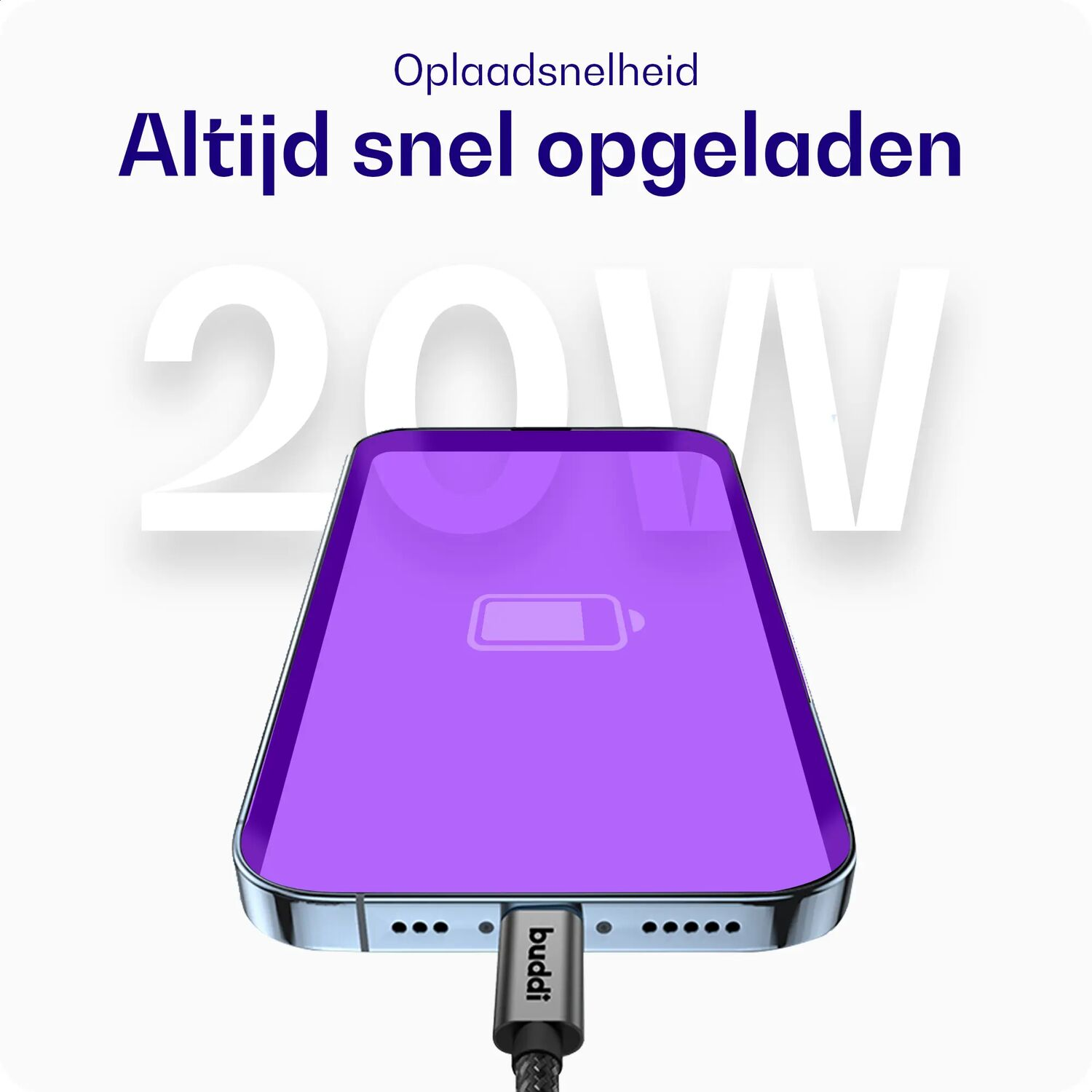 Paarse smartphone met 20W oplaadindicator en "Buddhi" kabel.